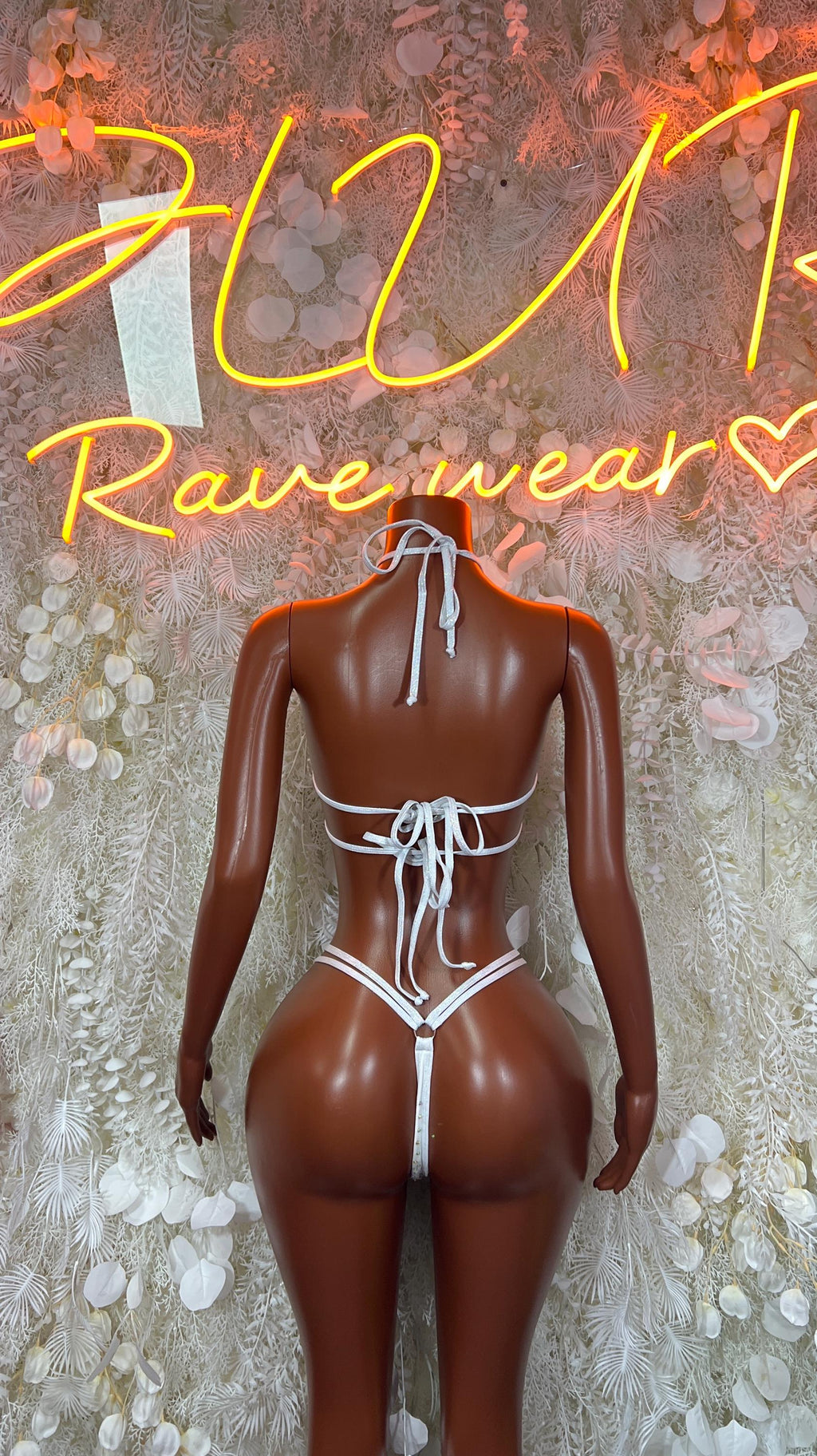 White rhinestone bikini set back view with lace-up string closure