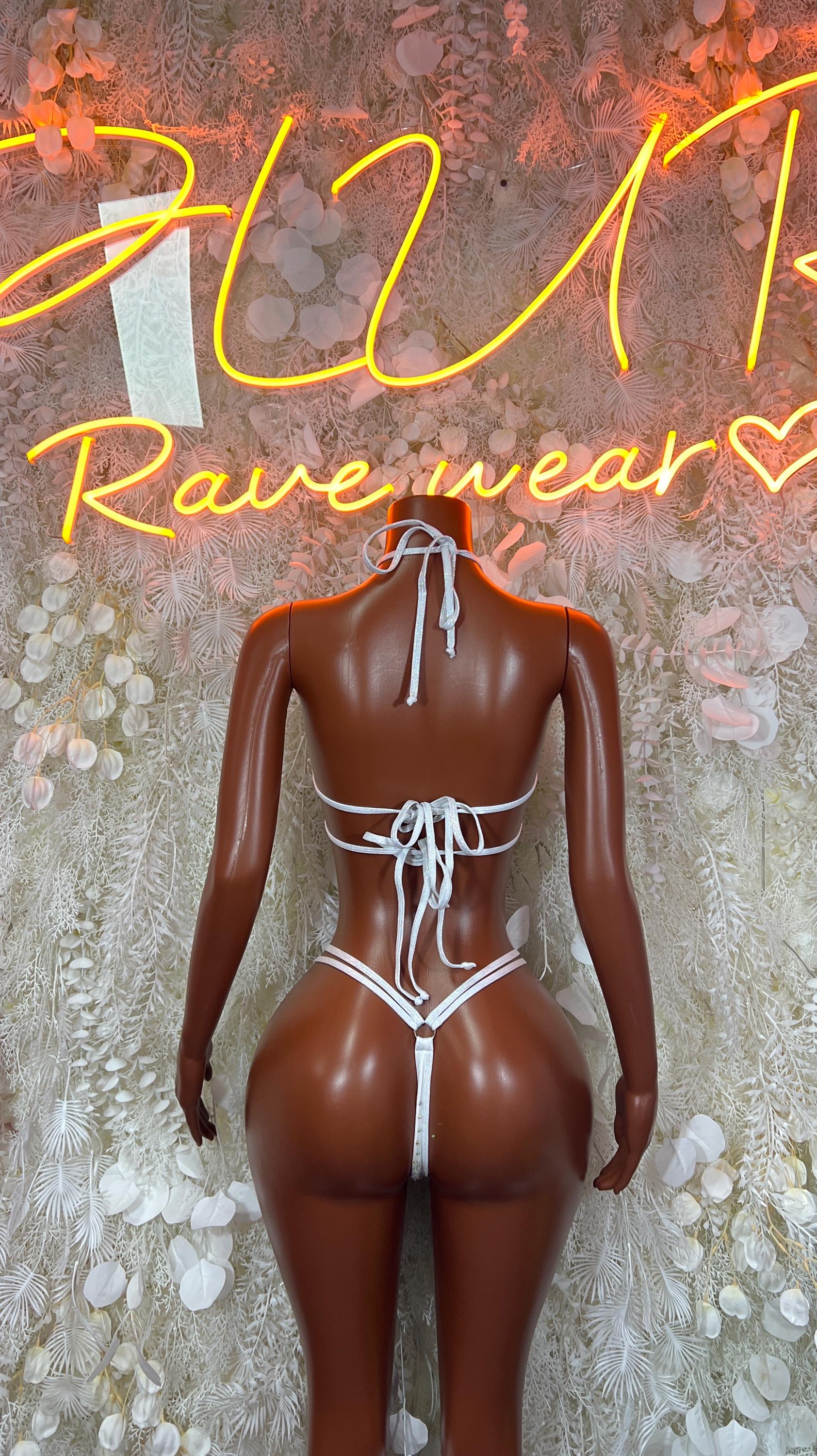 White rhinestone bikini set back view with lace-up string closure