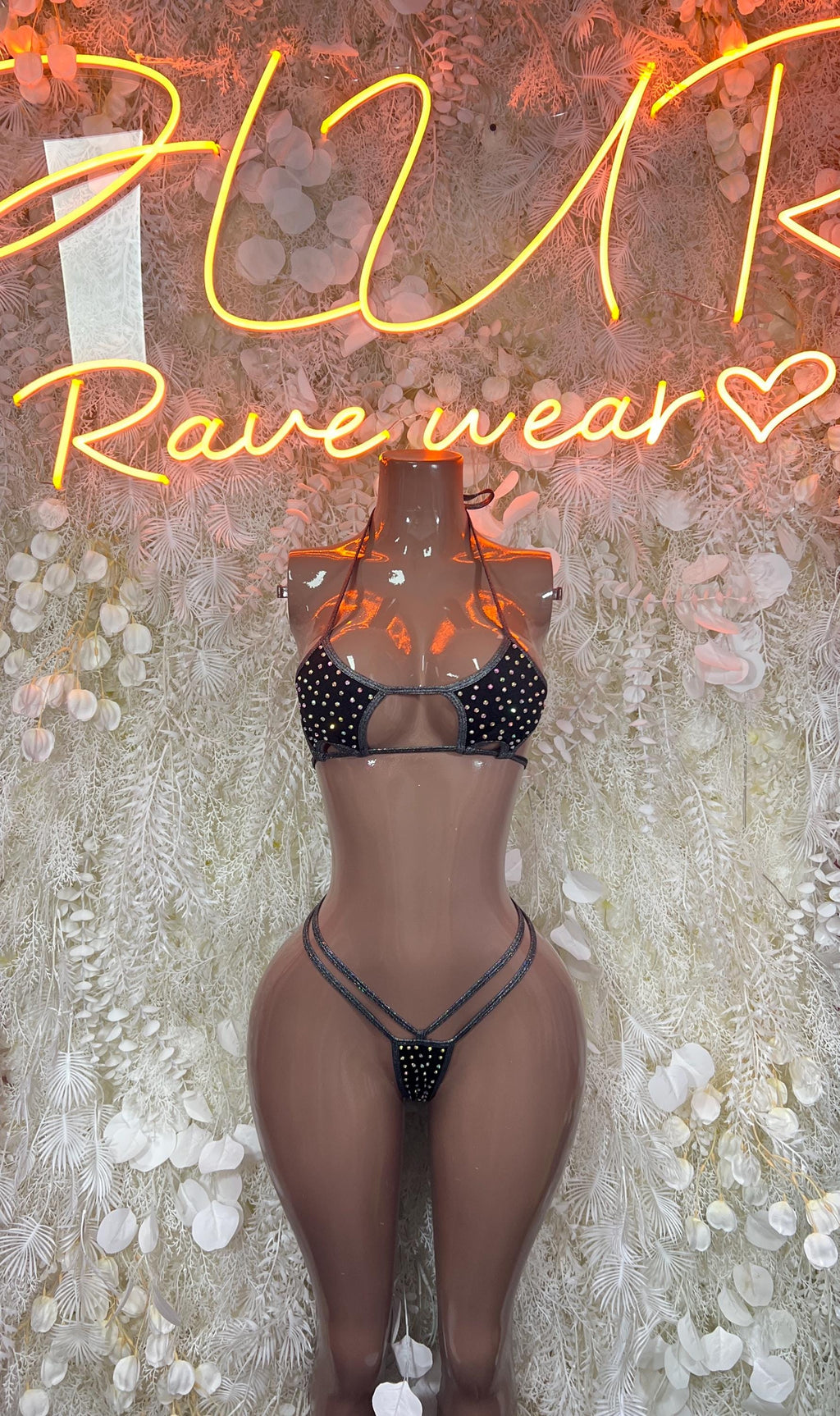 Black rhinestone bikini set with triangle bra and strappy thong bottoms
