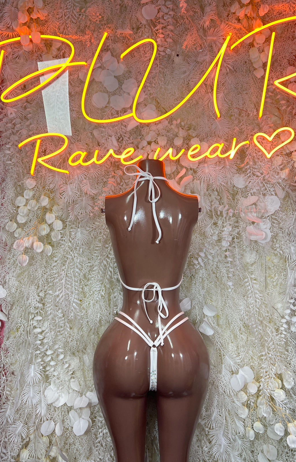 White rhinestone bikini set with triangle top and tie-back thong bottoms
