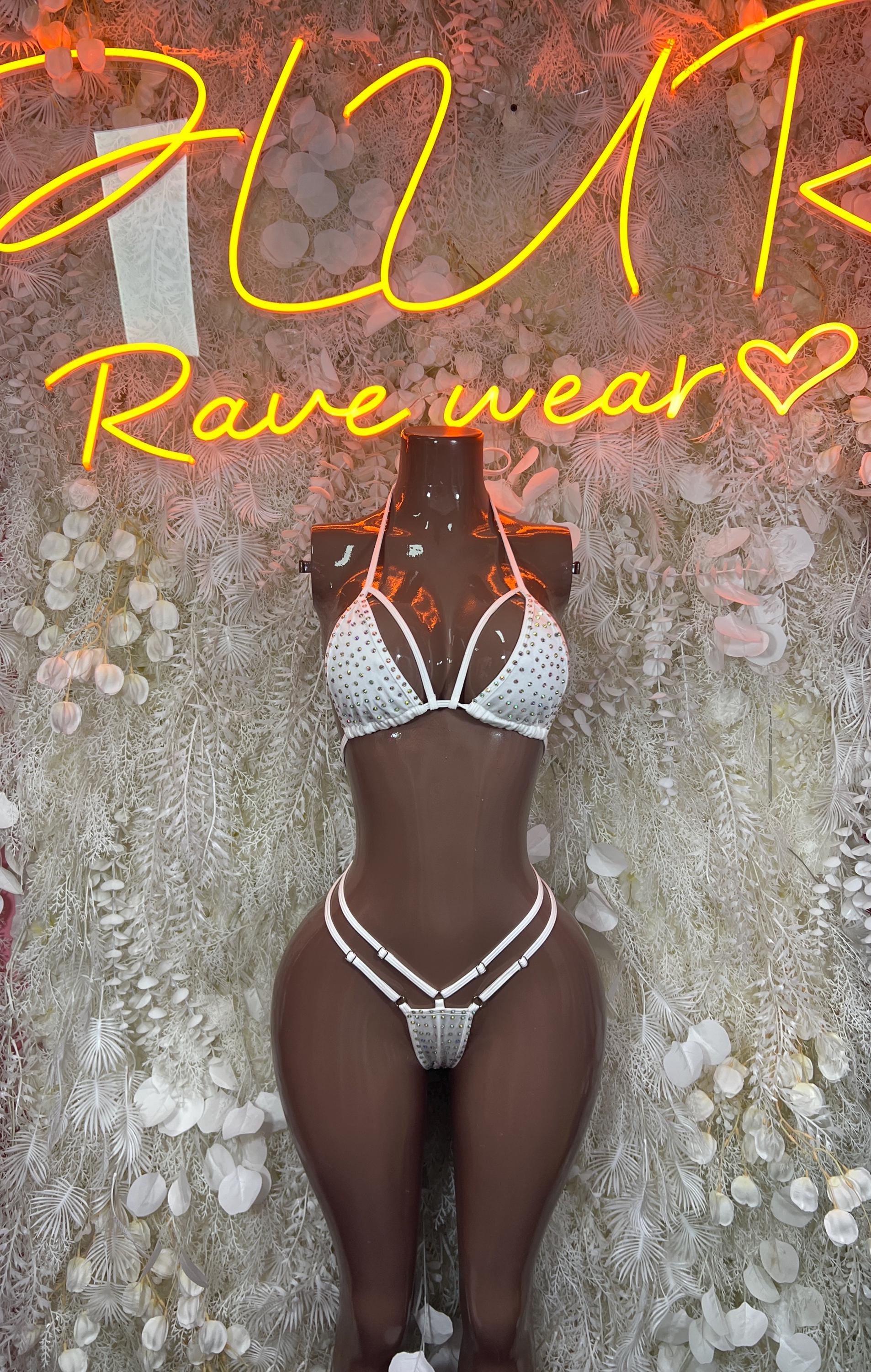 White rhinestone bikini set with triangle bra and high-cut bottoms