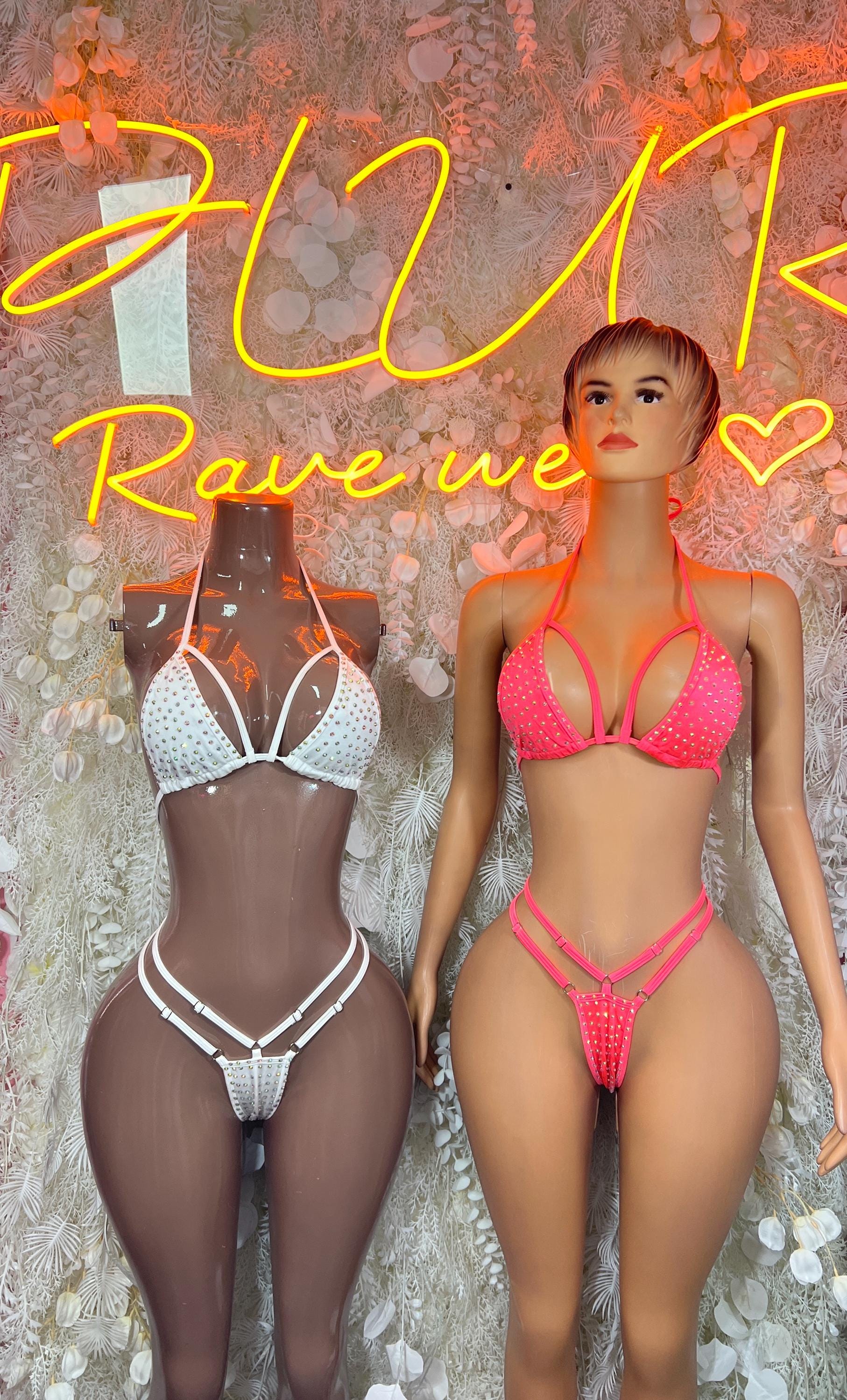 Coral rhinestone triangle bikini set with strappy thong bottoms, shown with another variant
