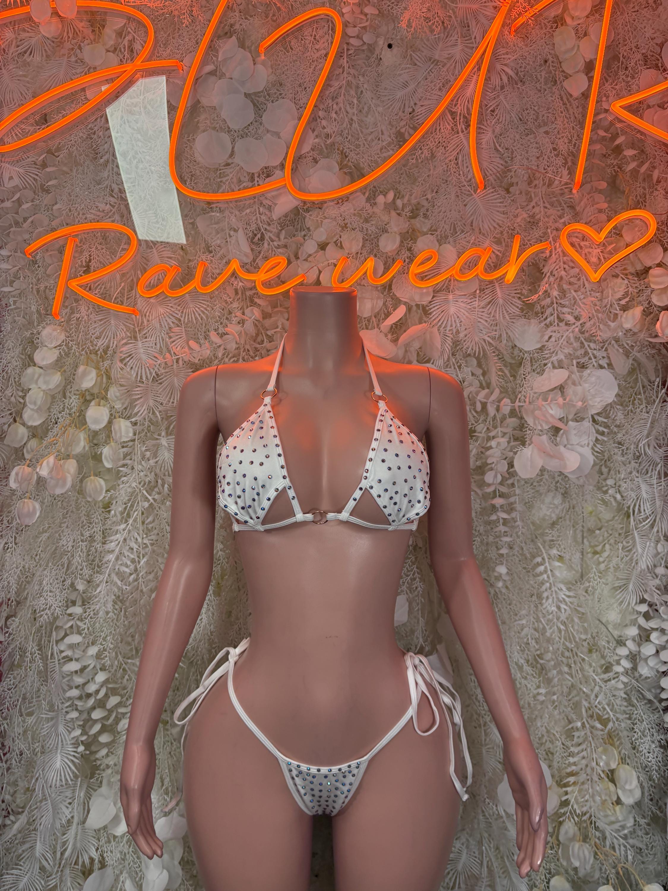 White rhinestone triangle bikini set with tie strings, front view
