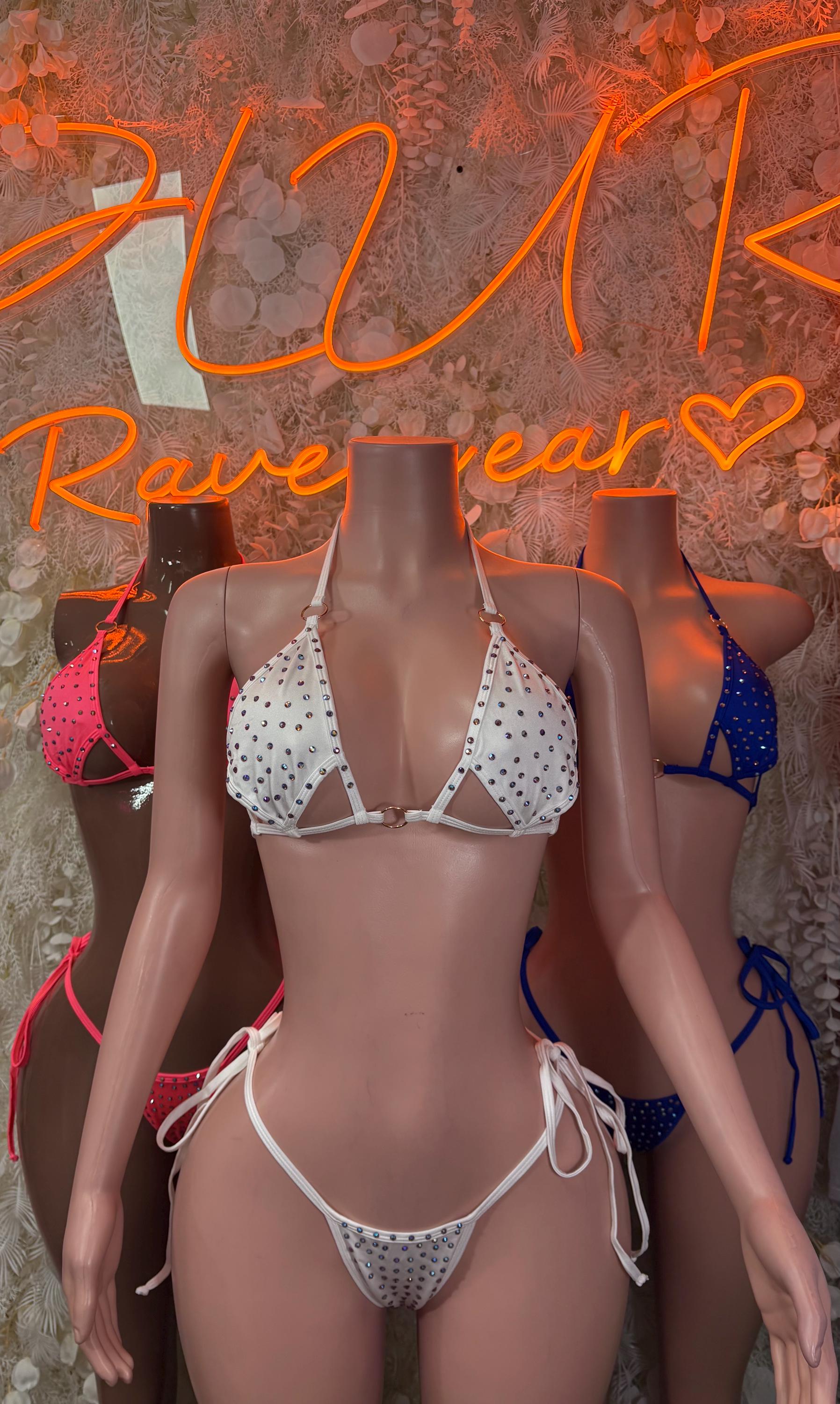 White rhinestone bikini set on model with triangle top and tie bottoms