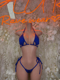 Blue rhinestone triangle bikini set with tie-back bottoms and halter top