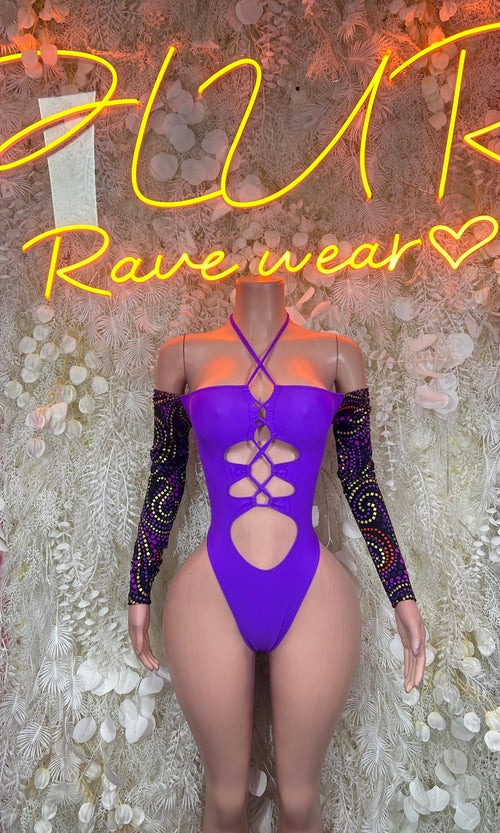 Purple cutout bodysuit with long sequin sleeves and crisscross lace front