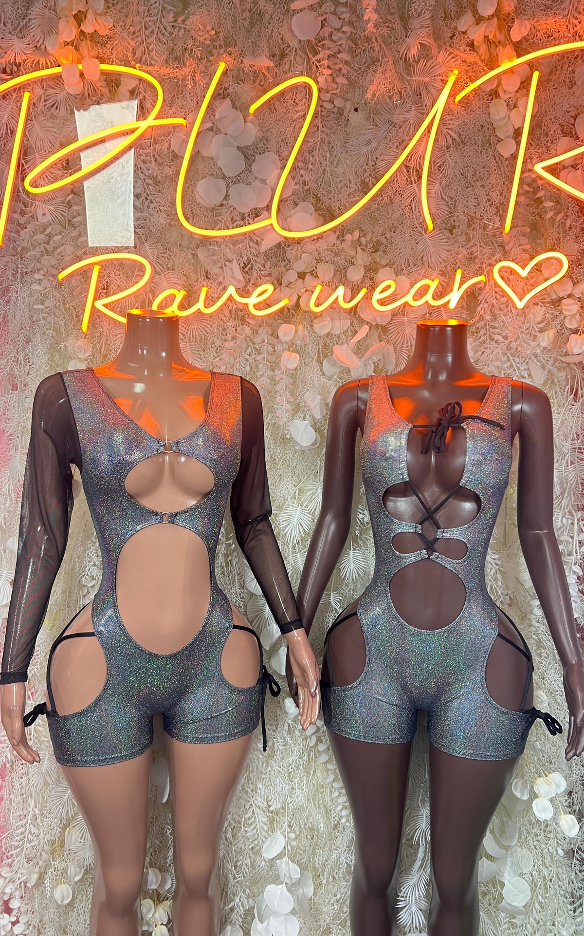 Silver metallic bodysuit shown from front and back, long sleeves