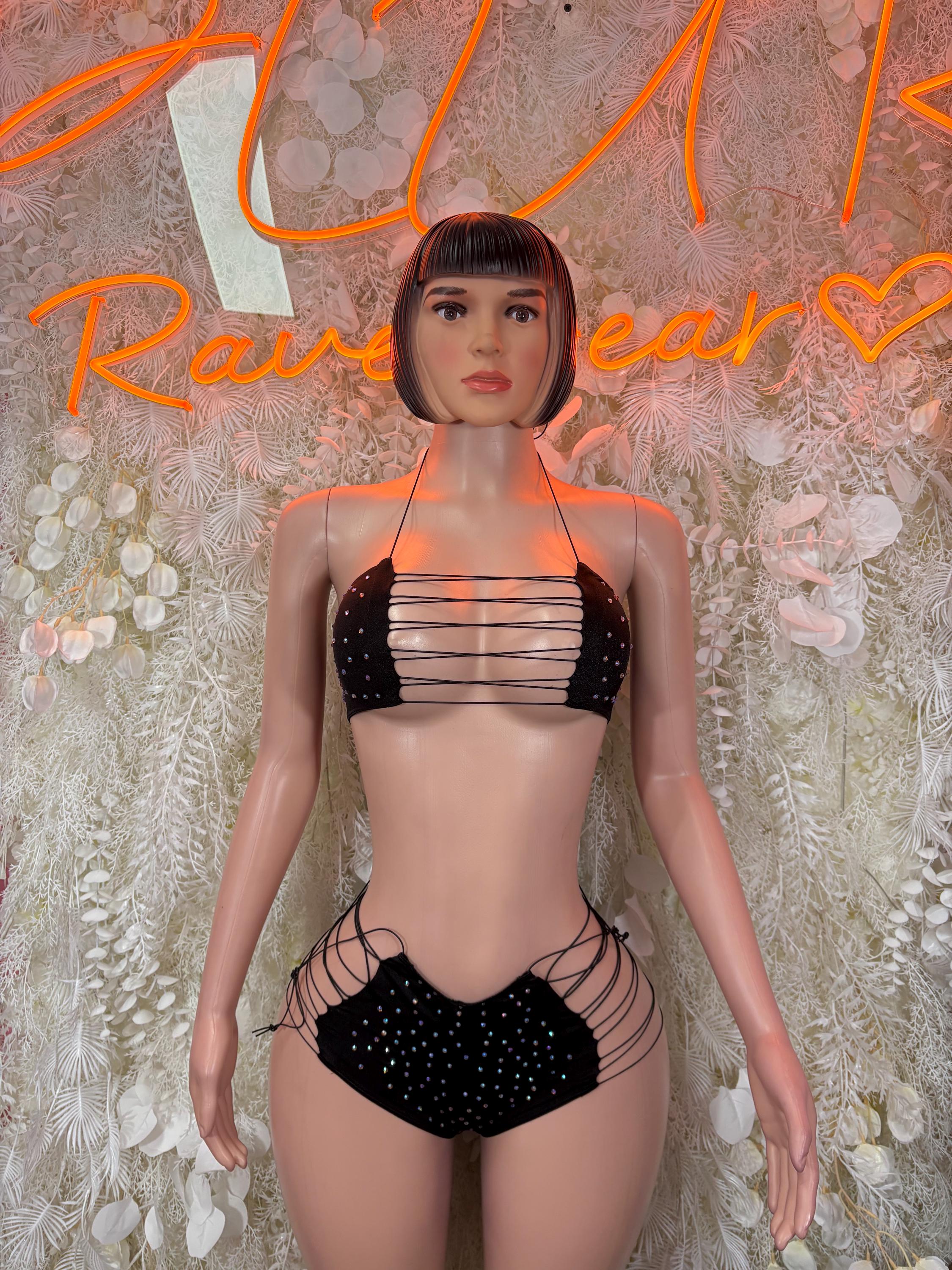 Black rhinestone bikini set with strappy triangle top and high-waist shorts