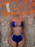 Blue rhinestone two-piece bikini set with strappy triangle top and high-waist bottoms