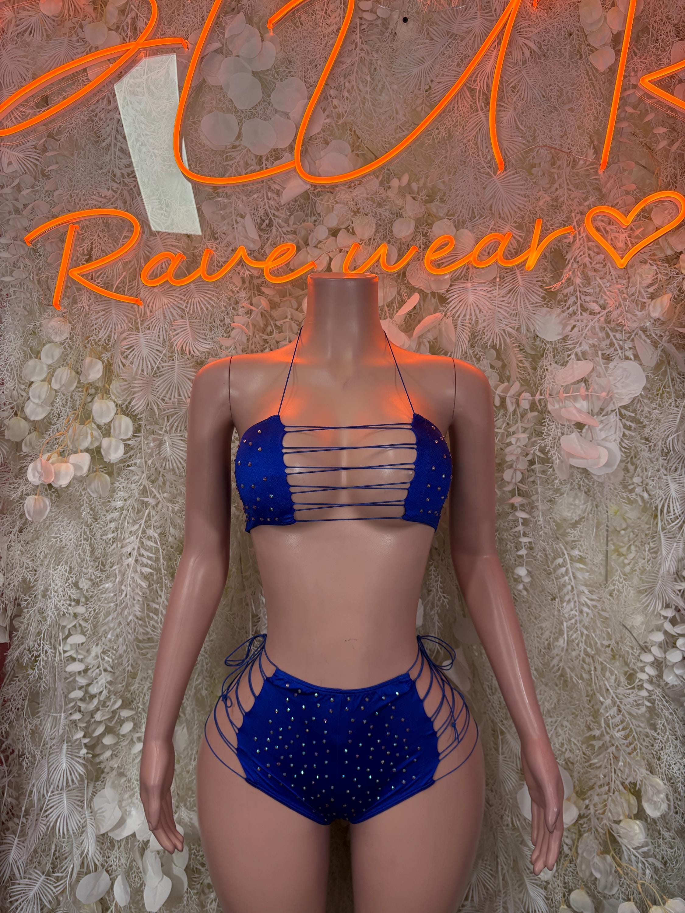 Blue rhinestone two-piece bikini set with strappy triangle top and high-waist bottoms