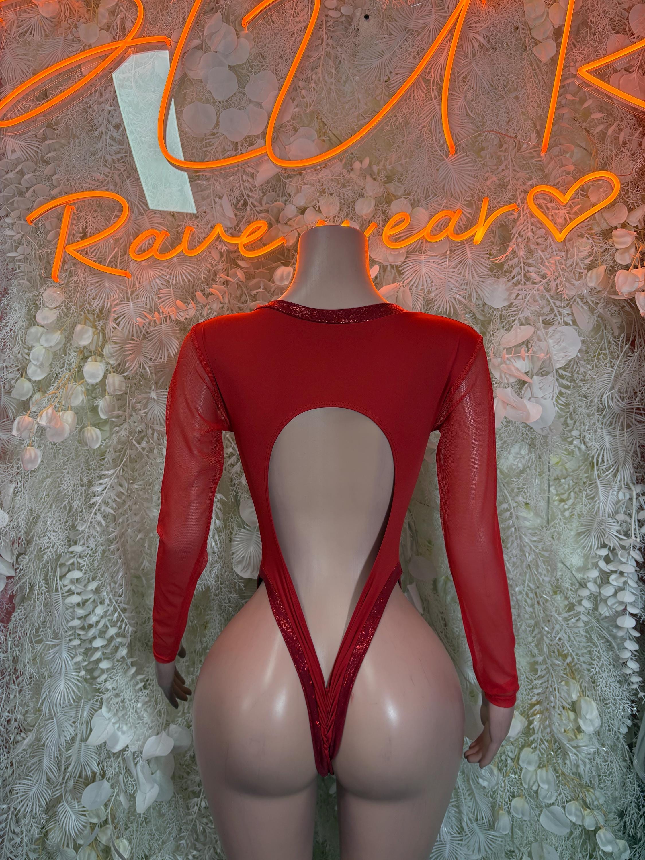 Red long-sleeve bodysuit with open back cutout and high-cut rear