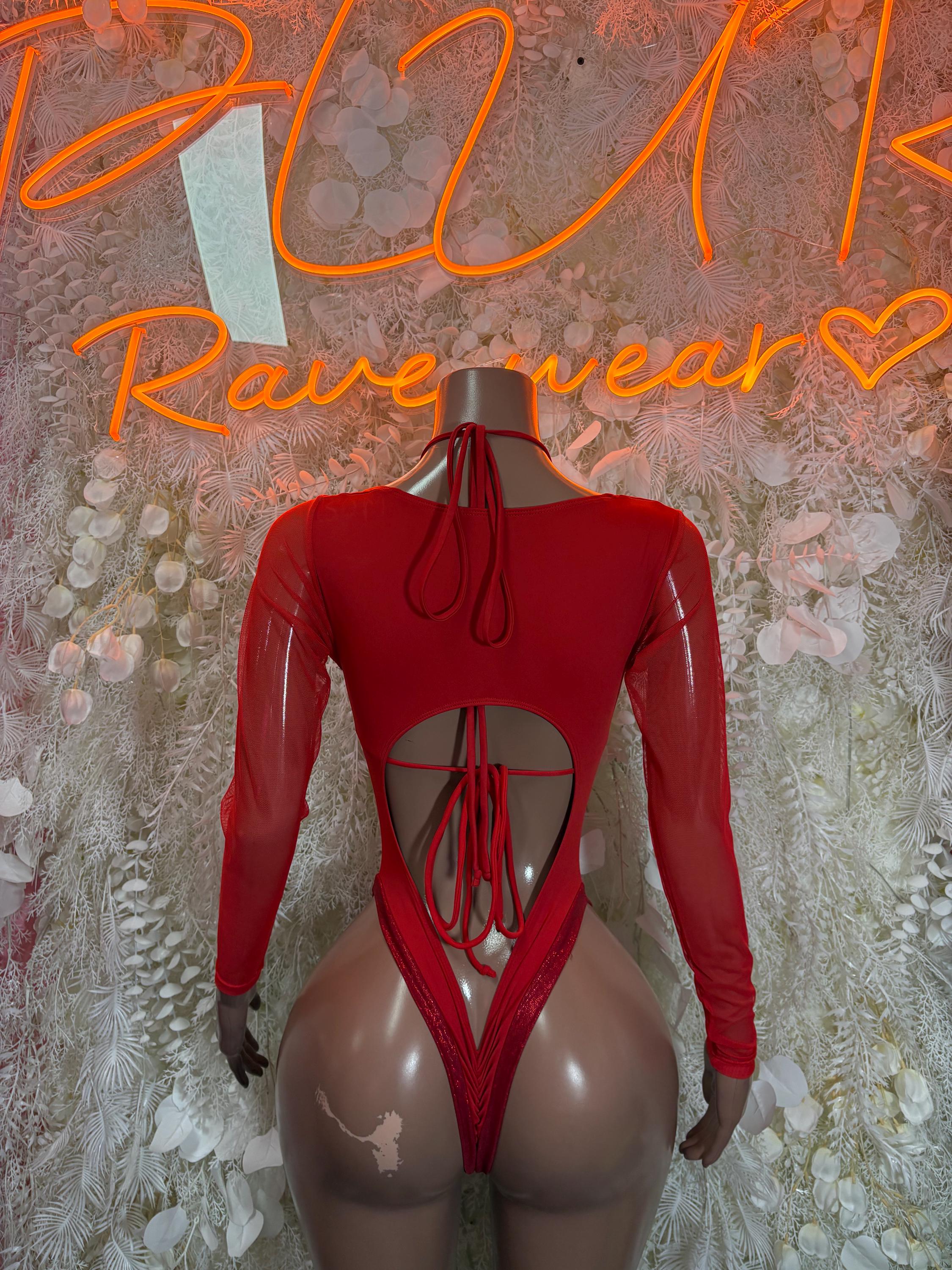 Red bodysuit with long sleeves, open back lacing and V-front cutouts