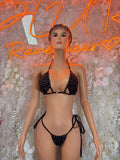 Black rhinestone triangle bikini set with string ties and side straps