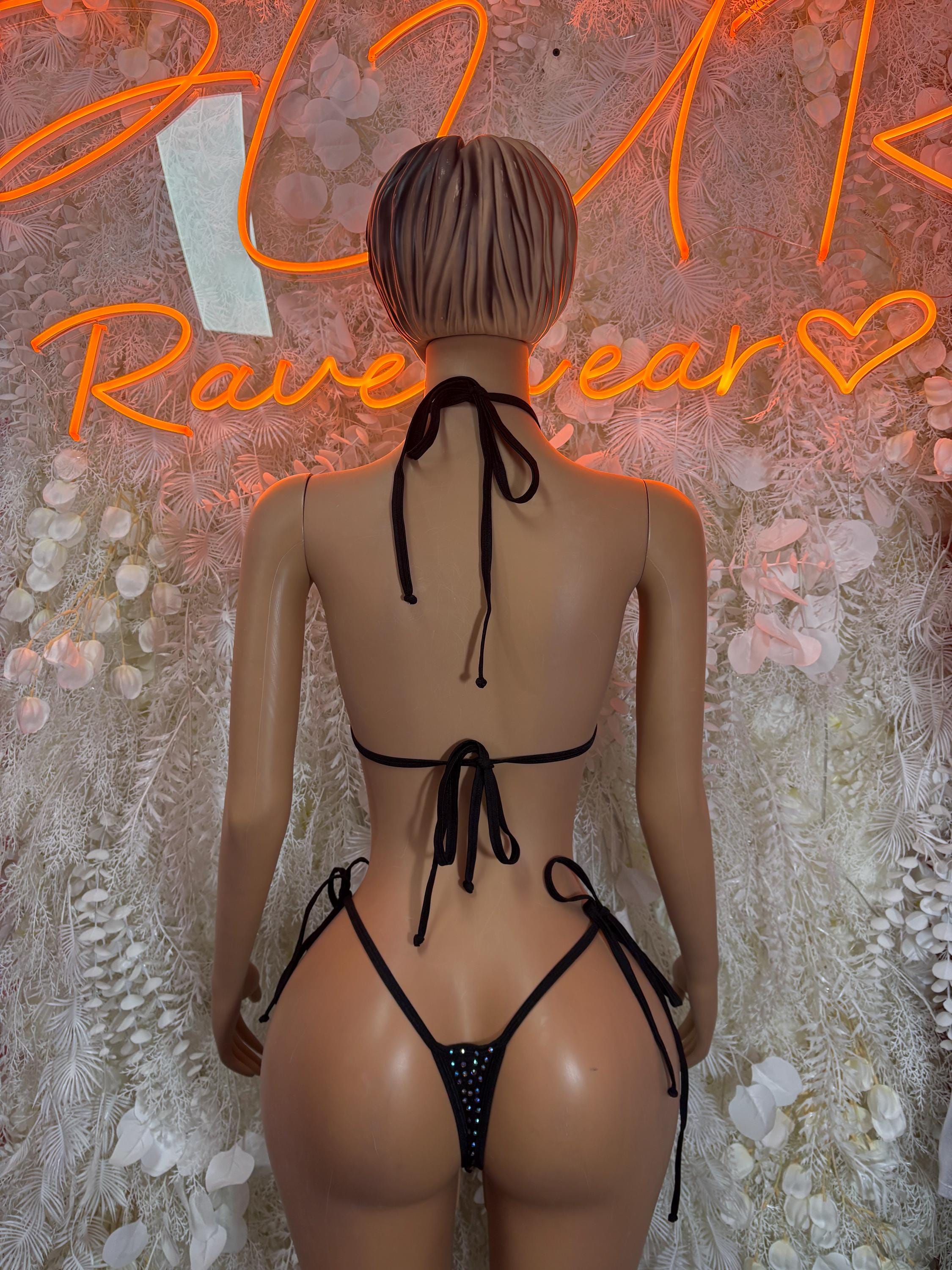 Black rhinestone bikini set back view with tie strings and thong-style bottoms