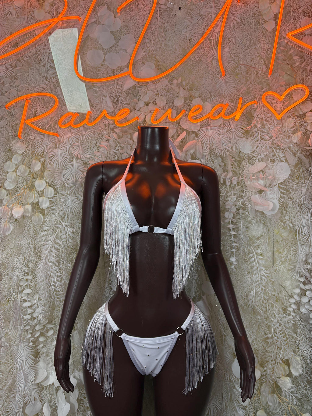 White fringe two-piece festival set with halter top and bikini bottom