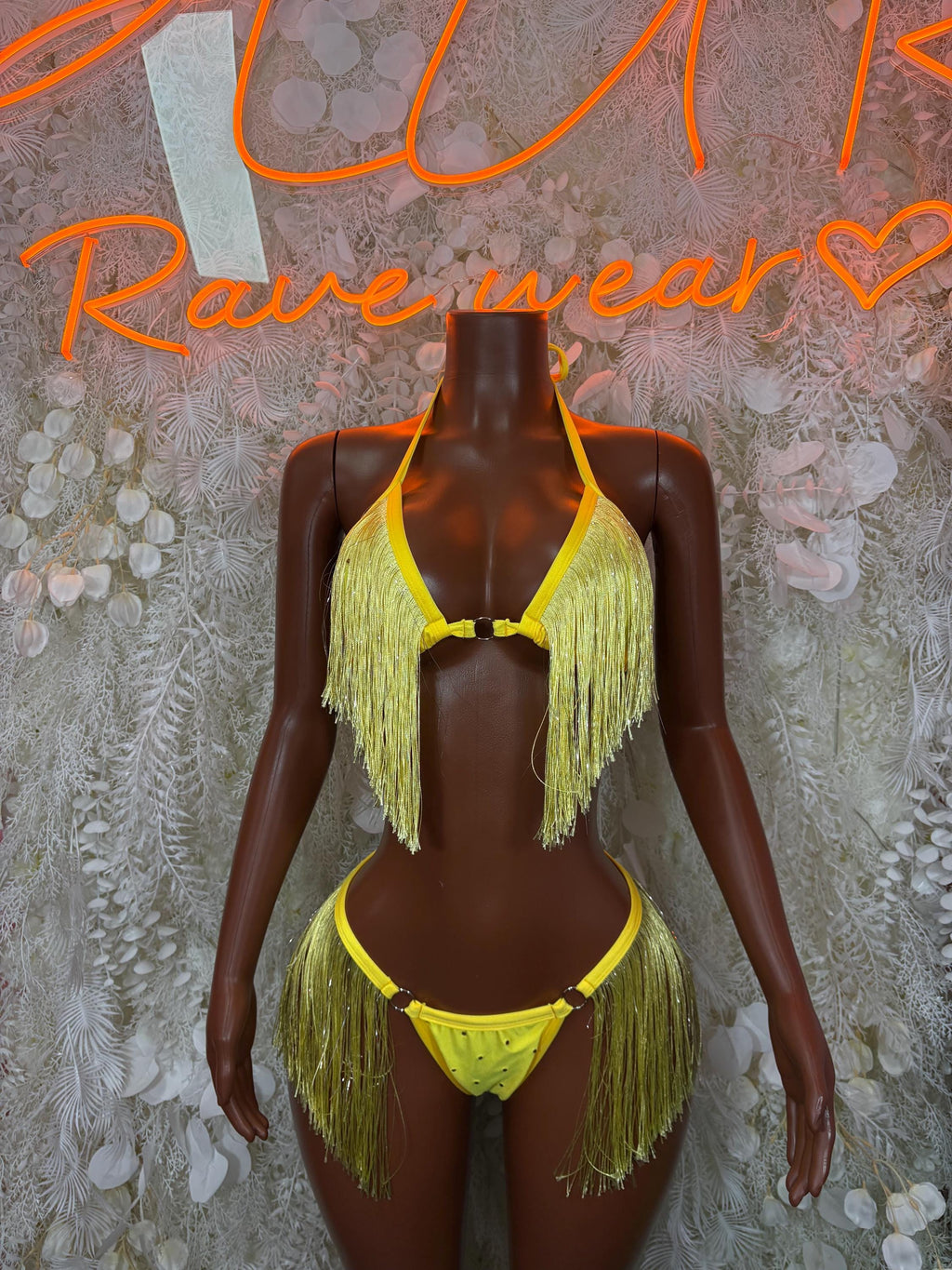 Yellow fringed two-piece festival bikini set with triangle top and tassel trim