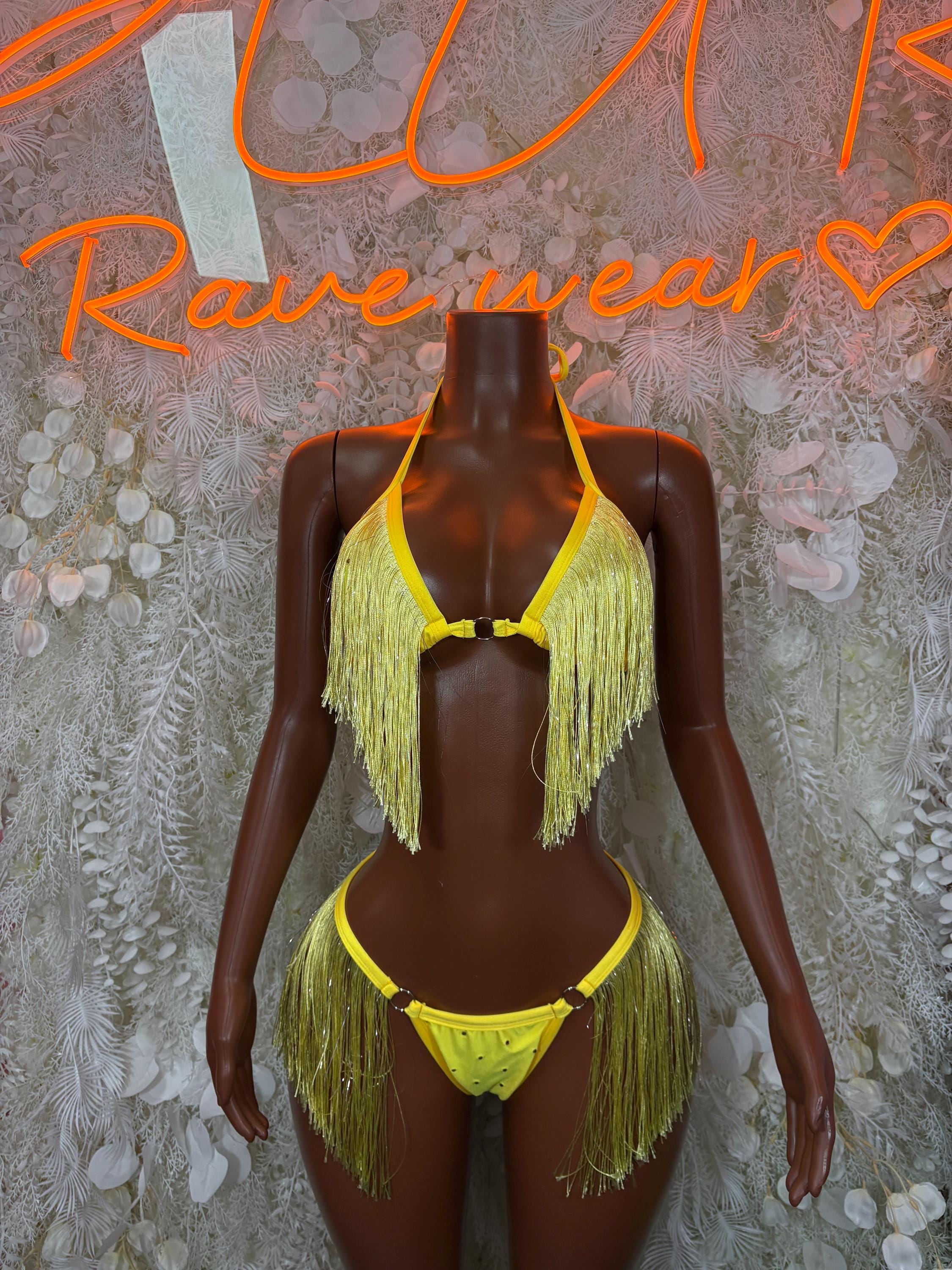 Yellow fringed two-piece festival bikini set with triangle top and tassel trim