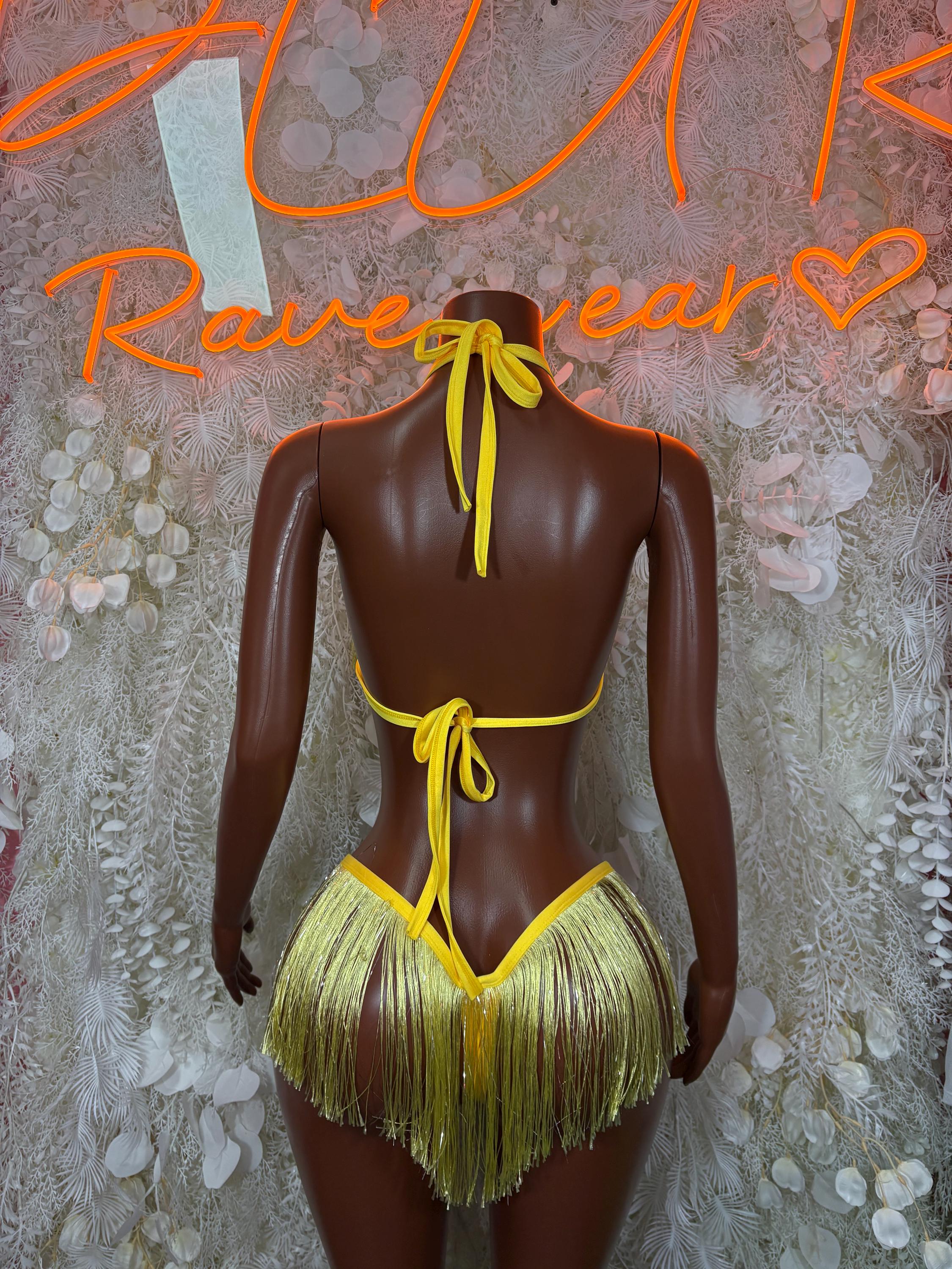 Yellow fringed two-piece bikini set with halter back ties and tassel mini bottoms