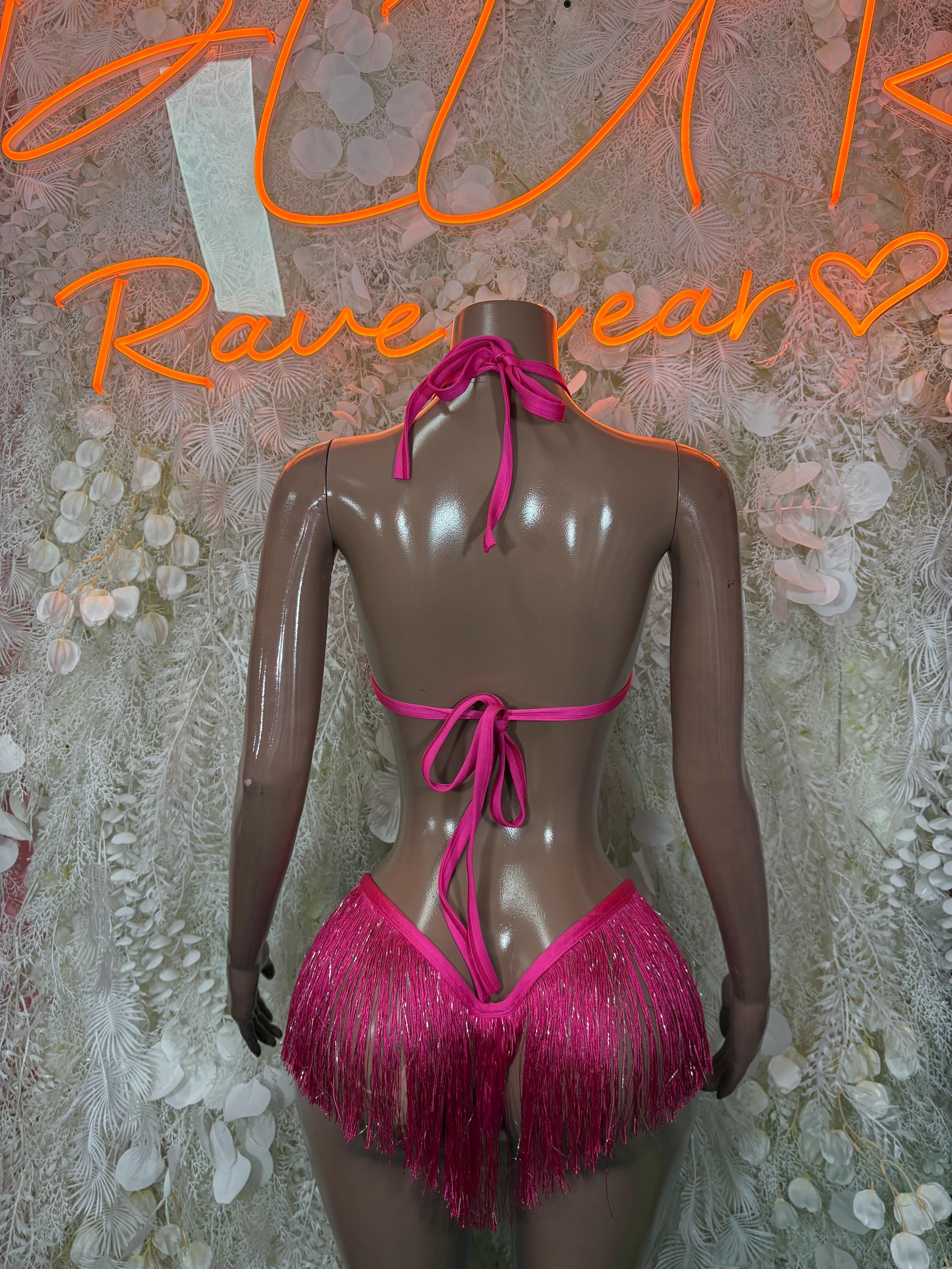 Pink fringe bikini set on mannequin back view, halter tie with matching low-rise bottoms