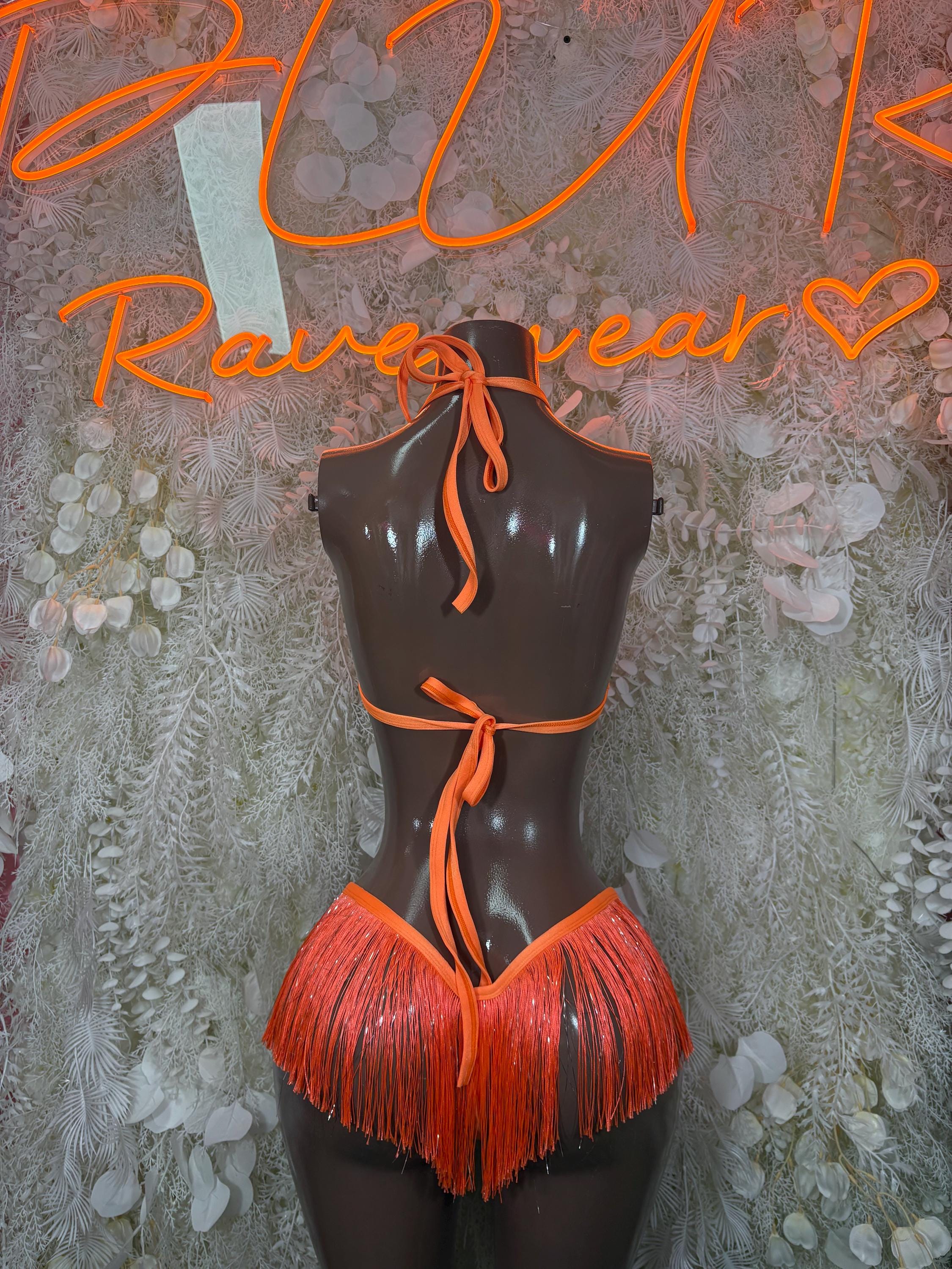 Festival Clothing Fringe Orange Two Piece Set Rave Outfit, Boho Festival