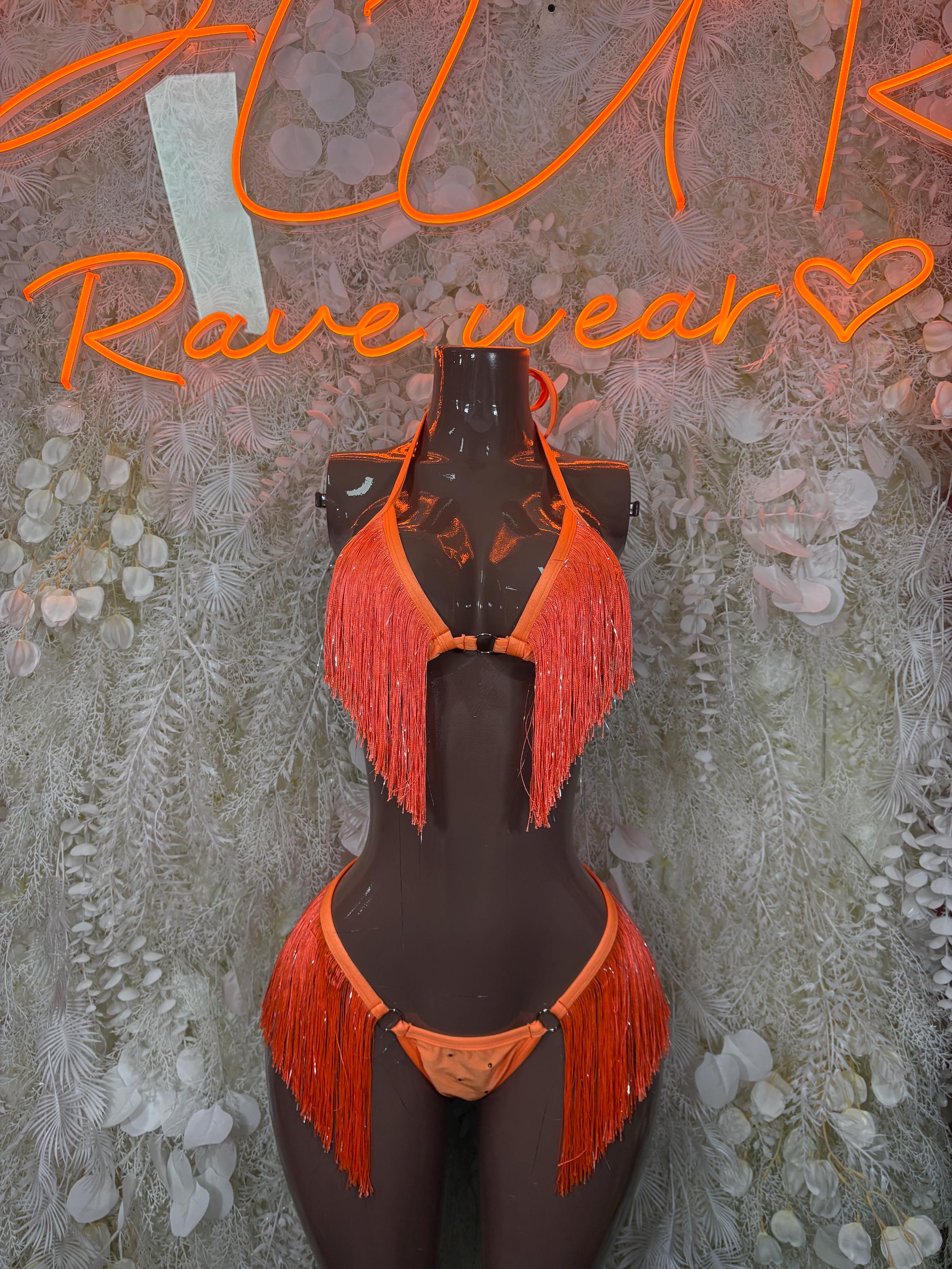 Festival Clothing Fringe Orange Two Piece Set Rave Outfit, Boho Festival