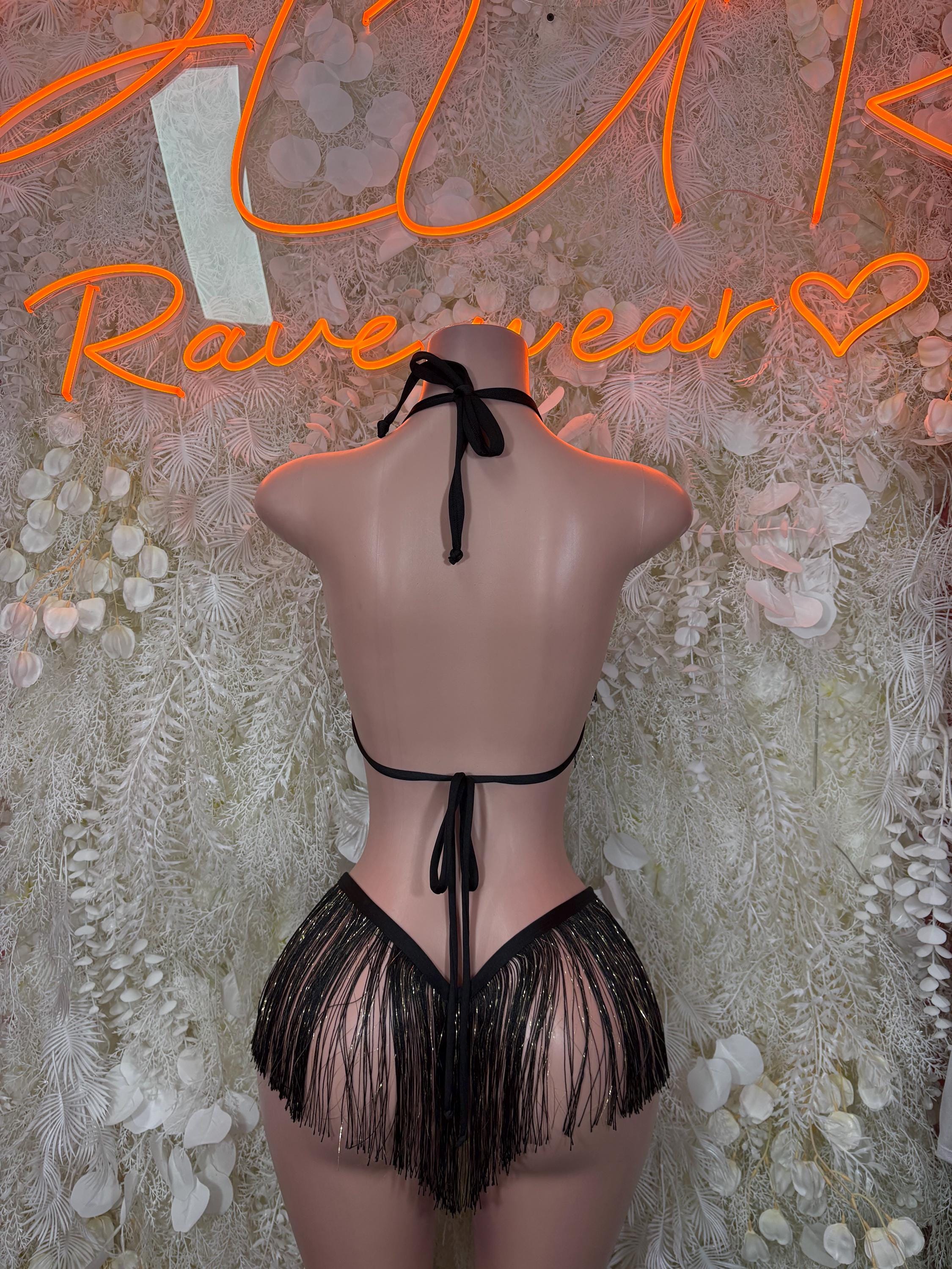 Black fringe halter bikini set, back tie view on mannequin