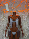 Grey fringe two-piece dancewear set with halter crop top and bikini bottoms