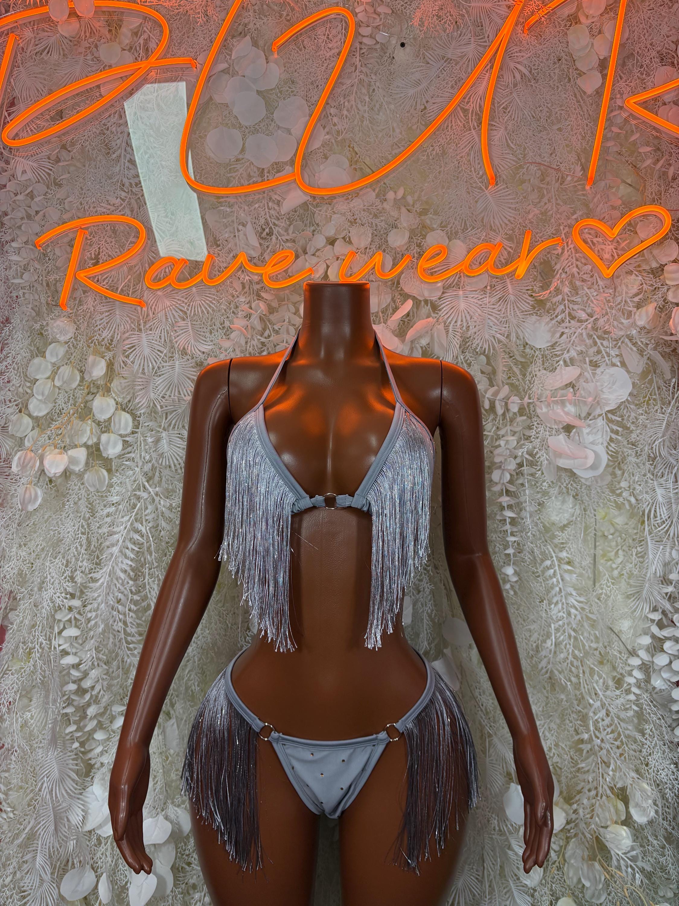 Grey fringe two-piece dancewear set with halter crop top and bikini bottoms