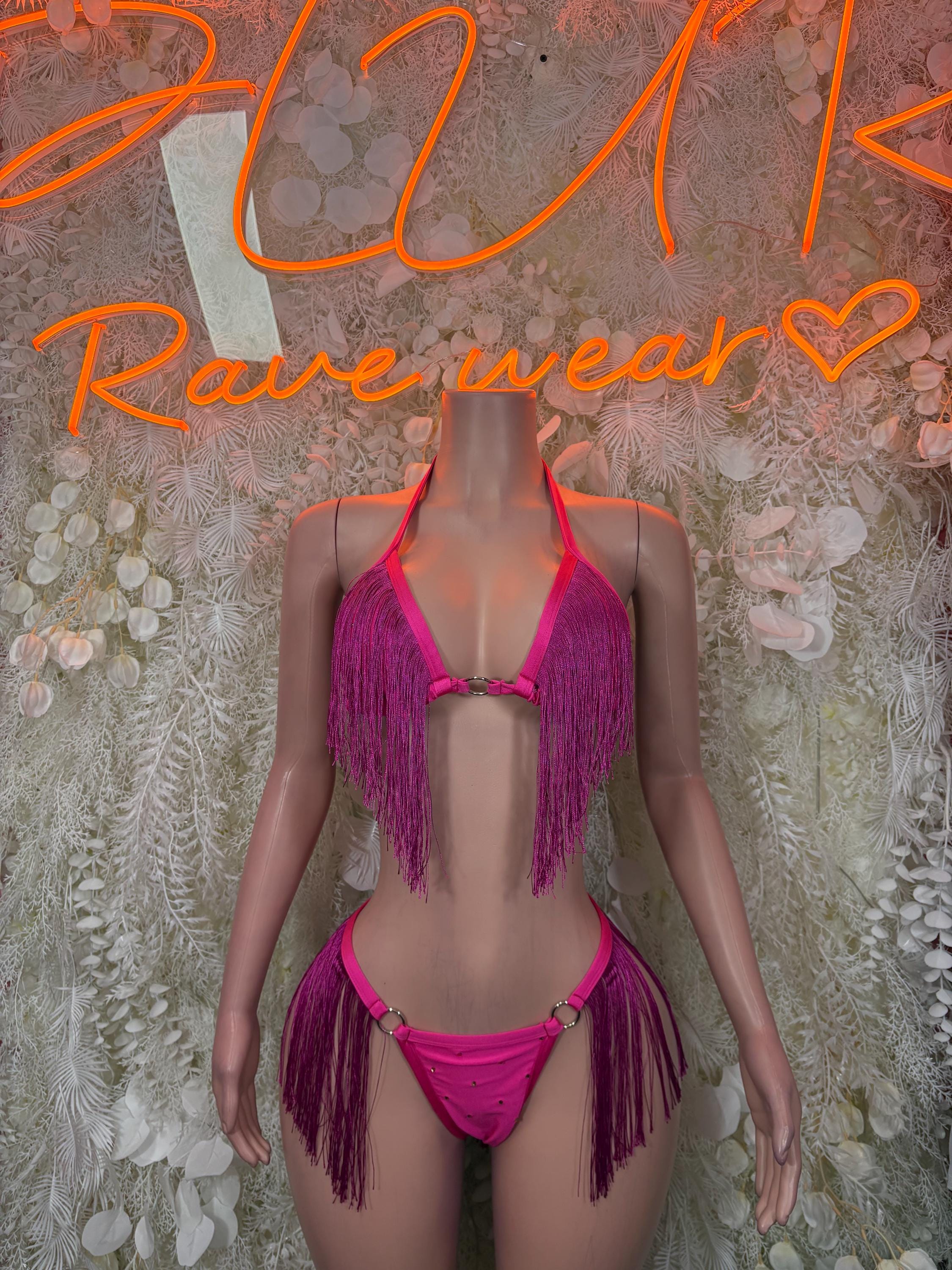Pink fringe two-piece rave bikini set with triangle bra and thong bottom