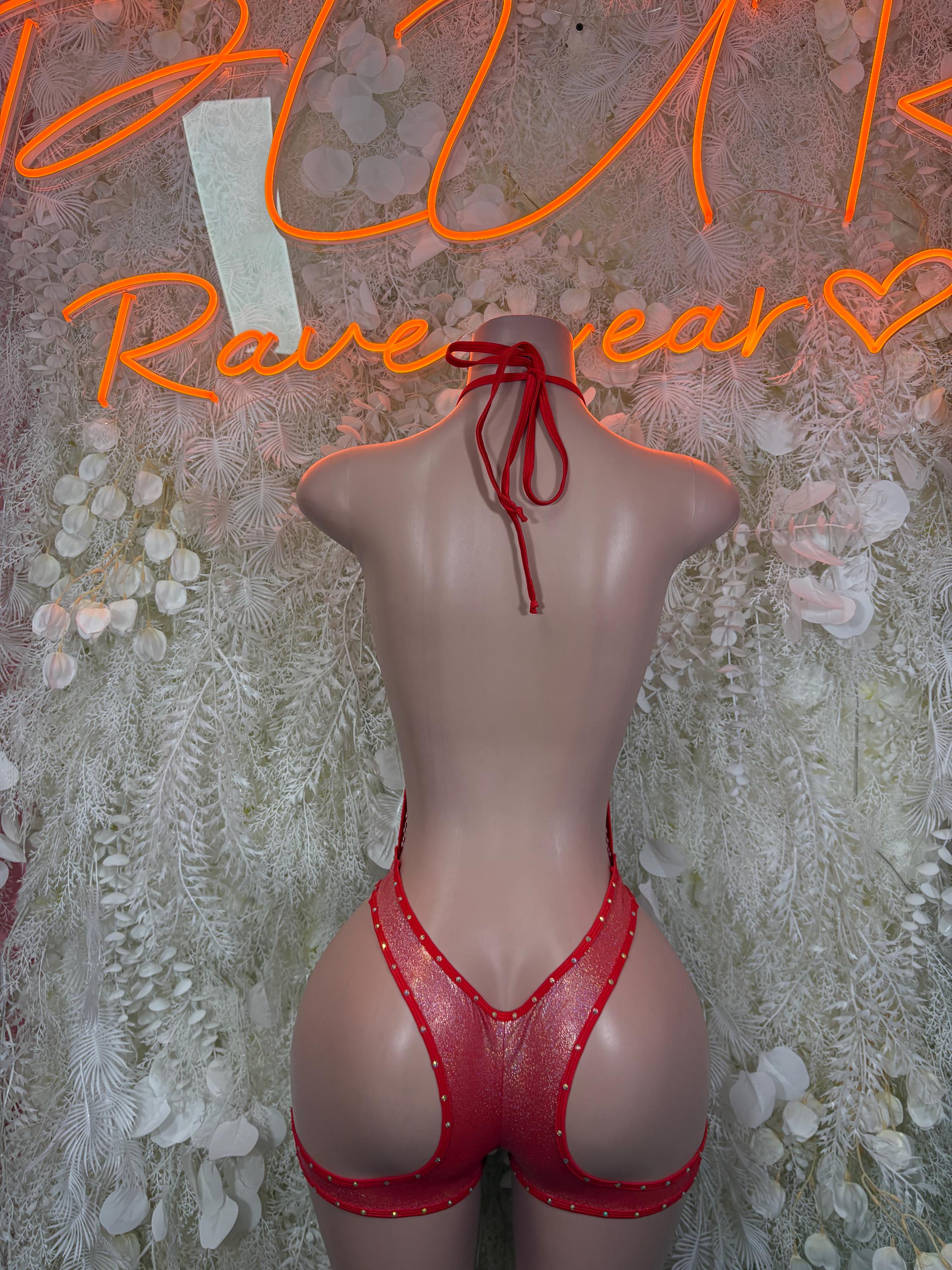 Red fishnet bodysuit with open back and tie halter straps, high-cut bottom