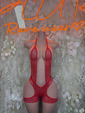 Red sequin fishnet bodysuit with halter straps and high-cut side openings