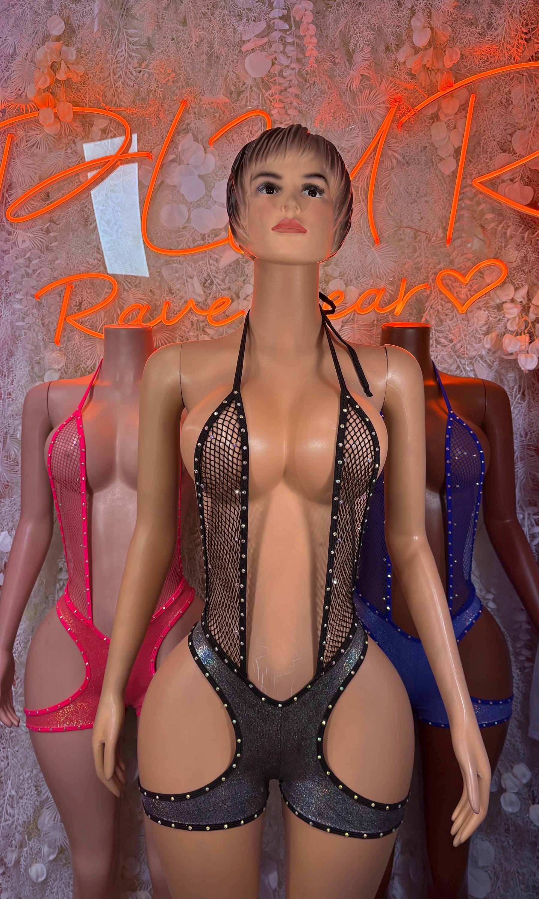 Black rhinestone bodysuit with halter neckline and open back, front view