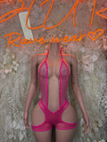 Pink fishnet bodysuit with halter straps and rhinestone trim, front view