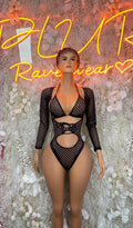 Black fishnet one-piece bodysuit with long sleeves, V neckline and cutout straps