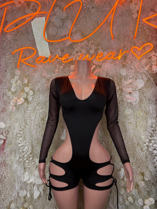 Black sheer long-sleeve bodysuit with ruched side cutouts and lace-up legs