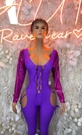 Purple one-piece bodysuit with long sleeves, lace-up neckline, and side cutouts.