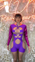 Purple lace-up cutout one-piece bodysuit with long satin sleeves, front view