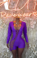 Purple long-sleeve one-piece bodysuit with lace-up front and crisscross side cutouts