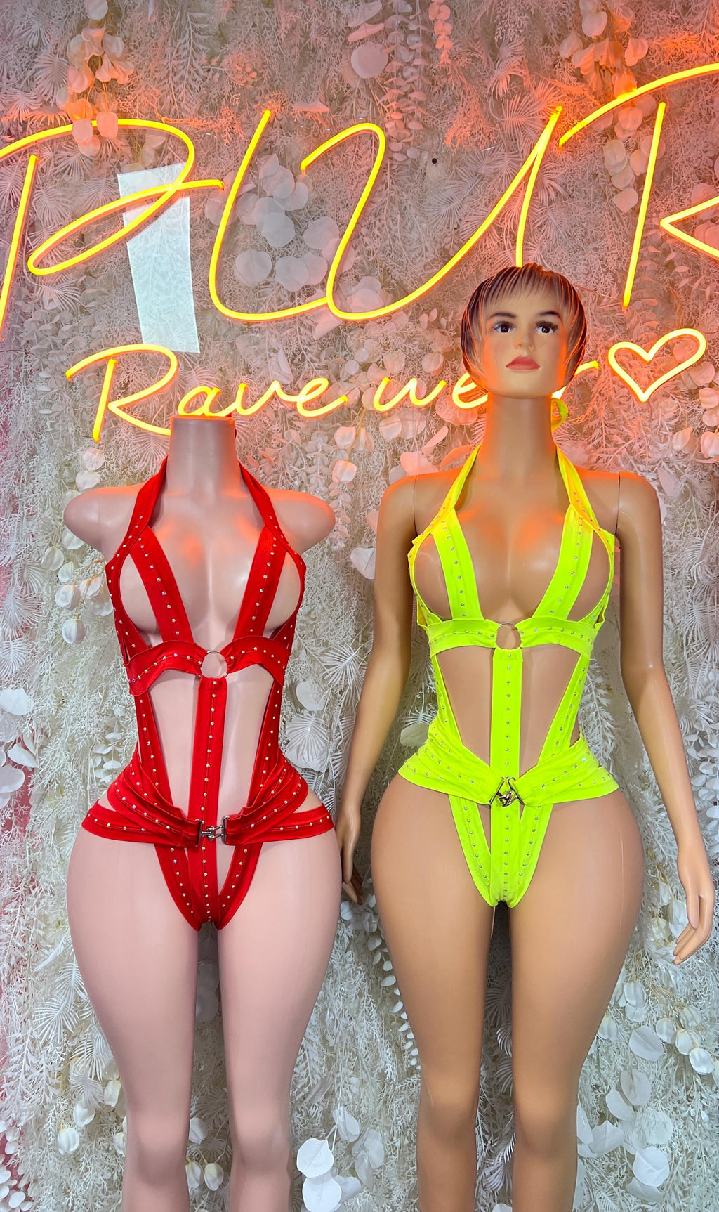 Red and neon yellow rhinestone dance bodysuits, V-neck with jeweled straps