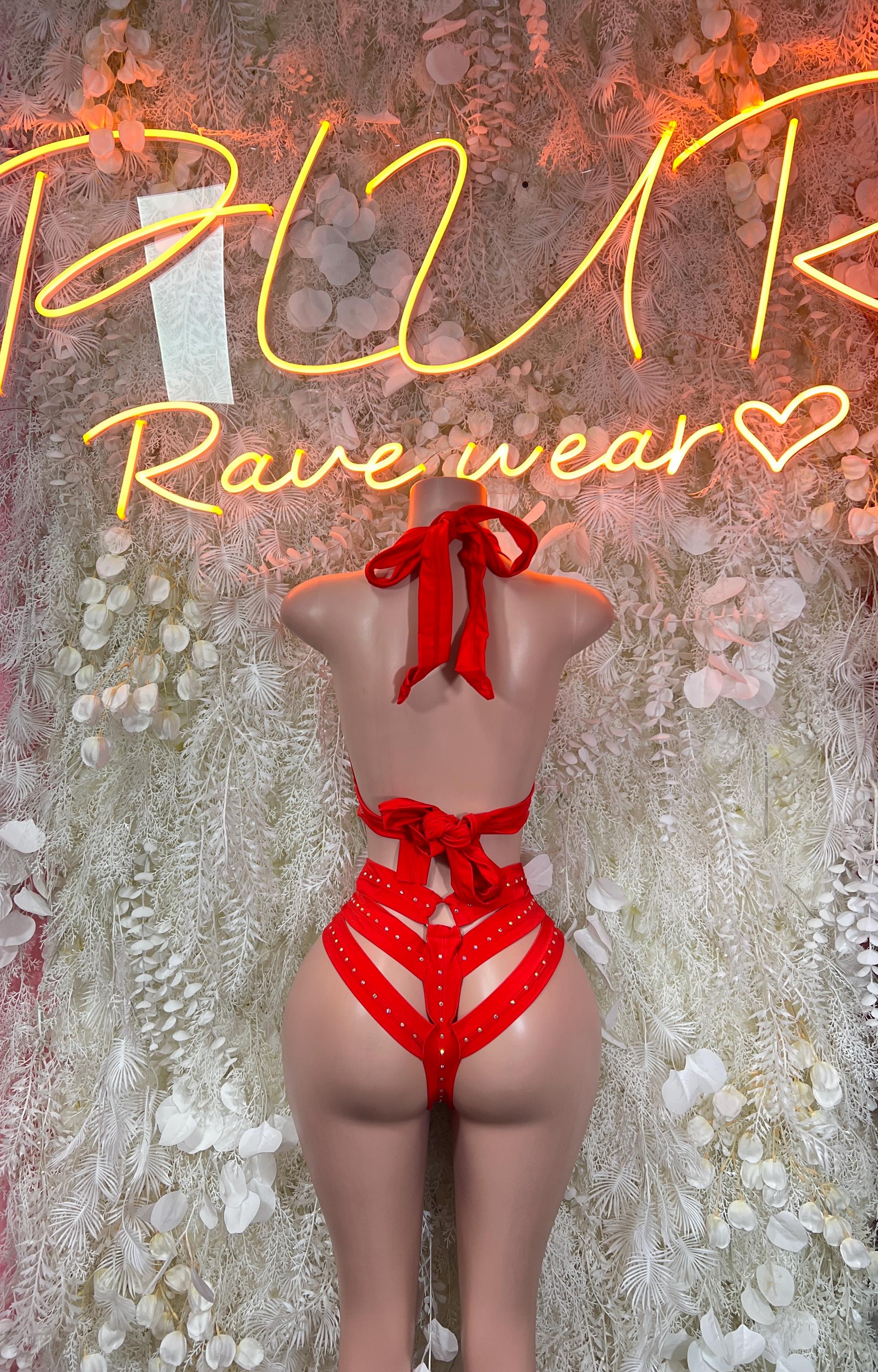 Red rhinestone dance bodysuit with back bow and crisscross straps