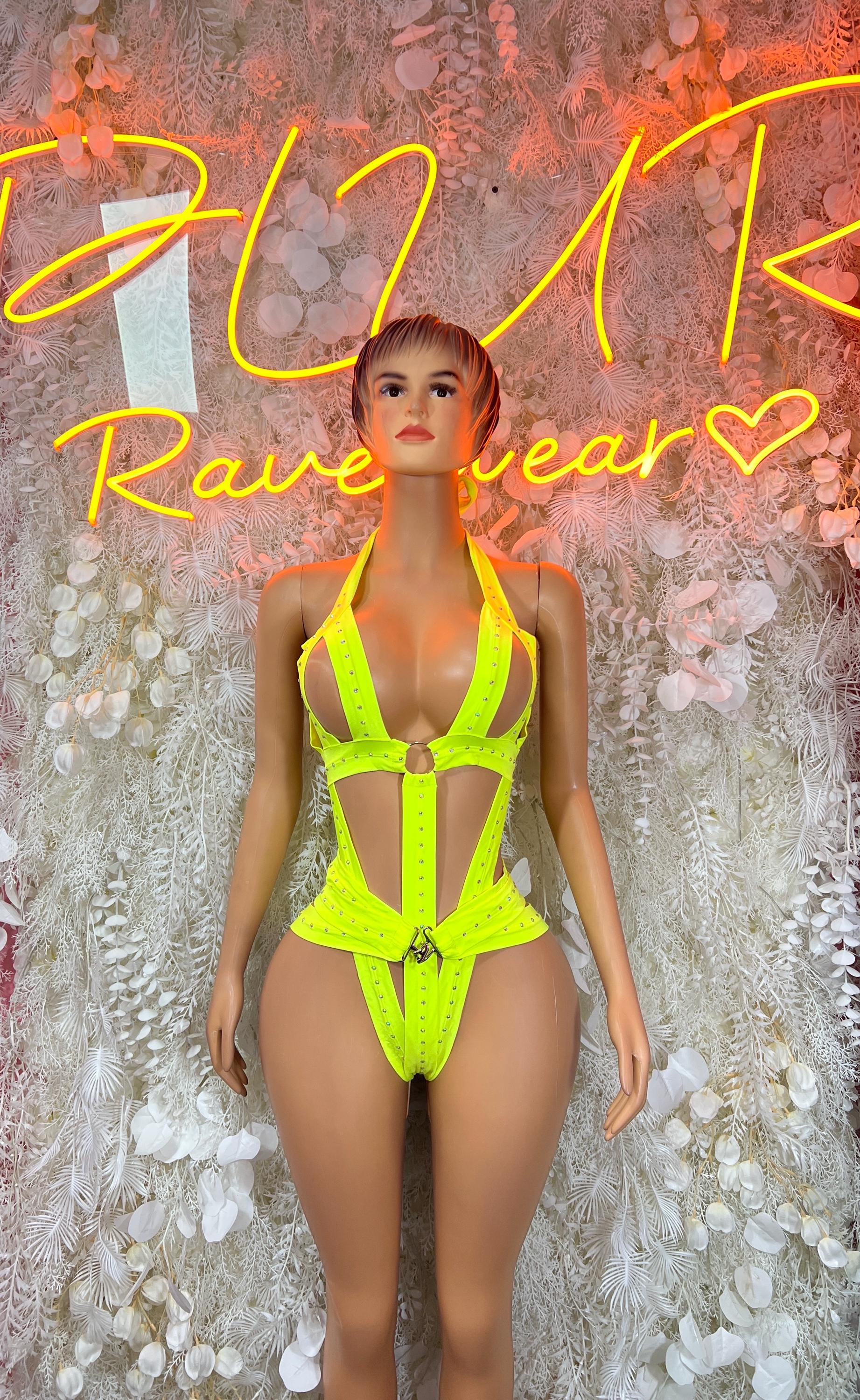 Neon yellow rhinestone bodysuit with halter straps and V-cut front