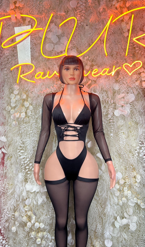 Black lace-up bodysuit with long sleeves and deep V neckline