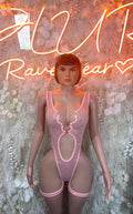 Pink rhinestone bodysuit with scalloped neckline and thong cut, pink trim