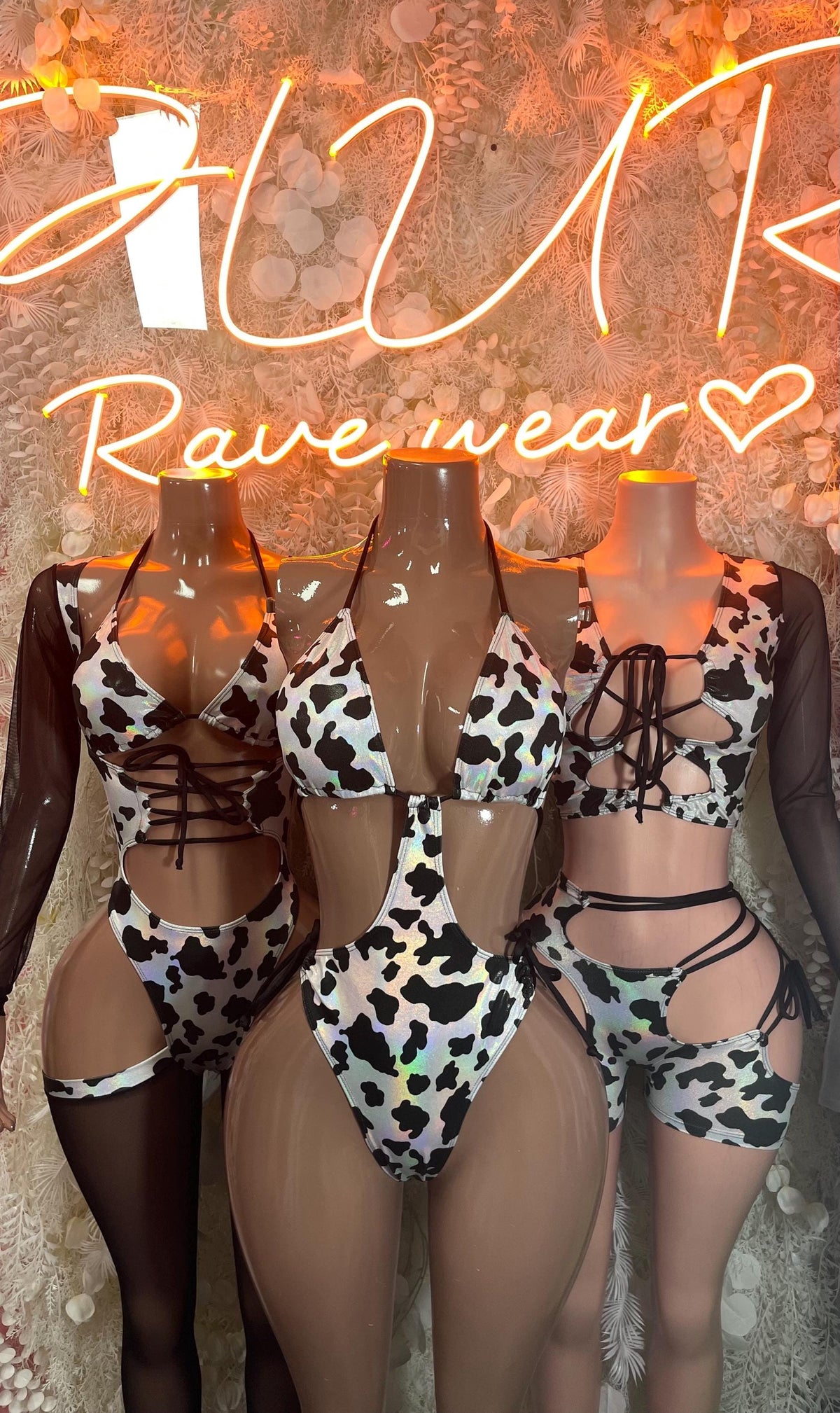 Cow print bodysuit set, lace-up details with long sheer sleeves, black/white