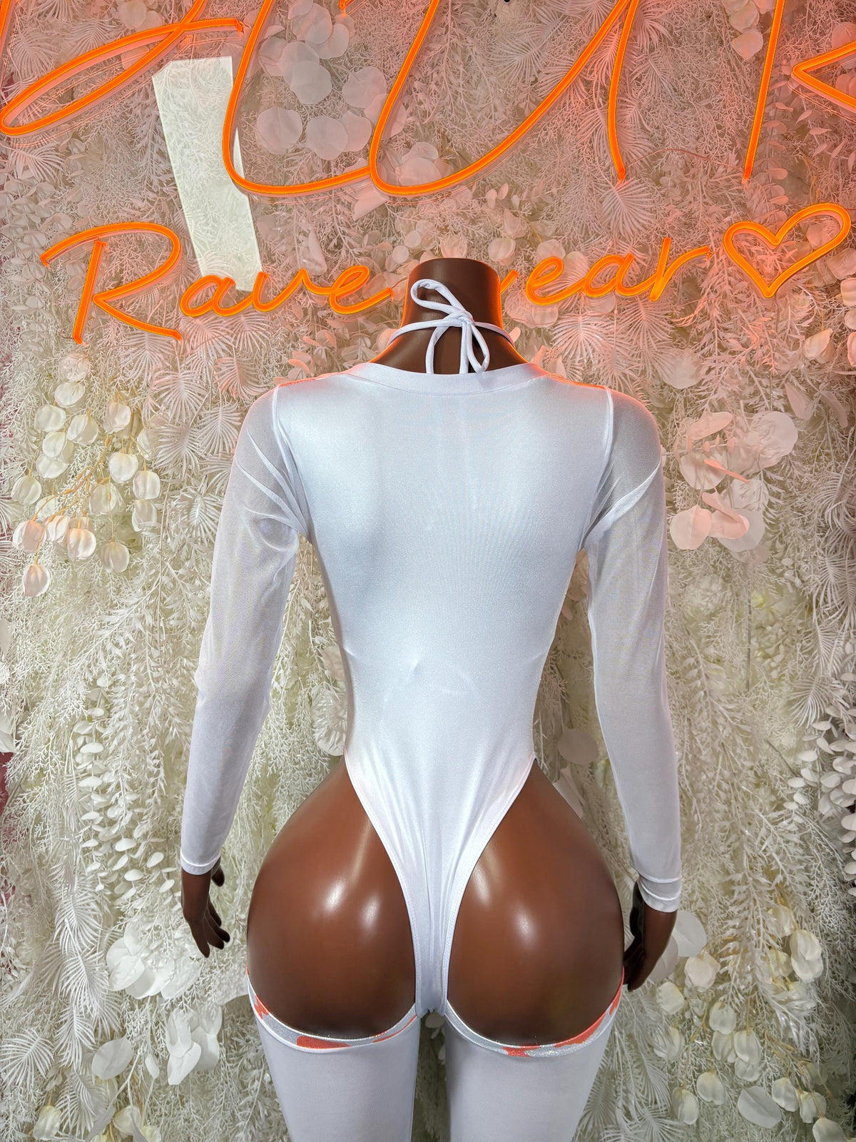 Bottlegirl white bodysuit with sheer long sleeves and open back