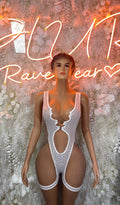 White rhinestone festival bodysuit with scalloped neckline and cheeky cutouts