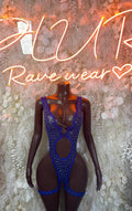 Blue rhinestone bodysuit with deep V front cutout, long sleeves on mannequin