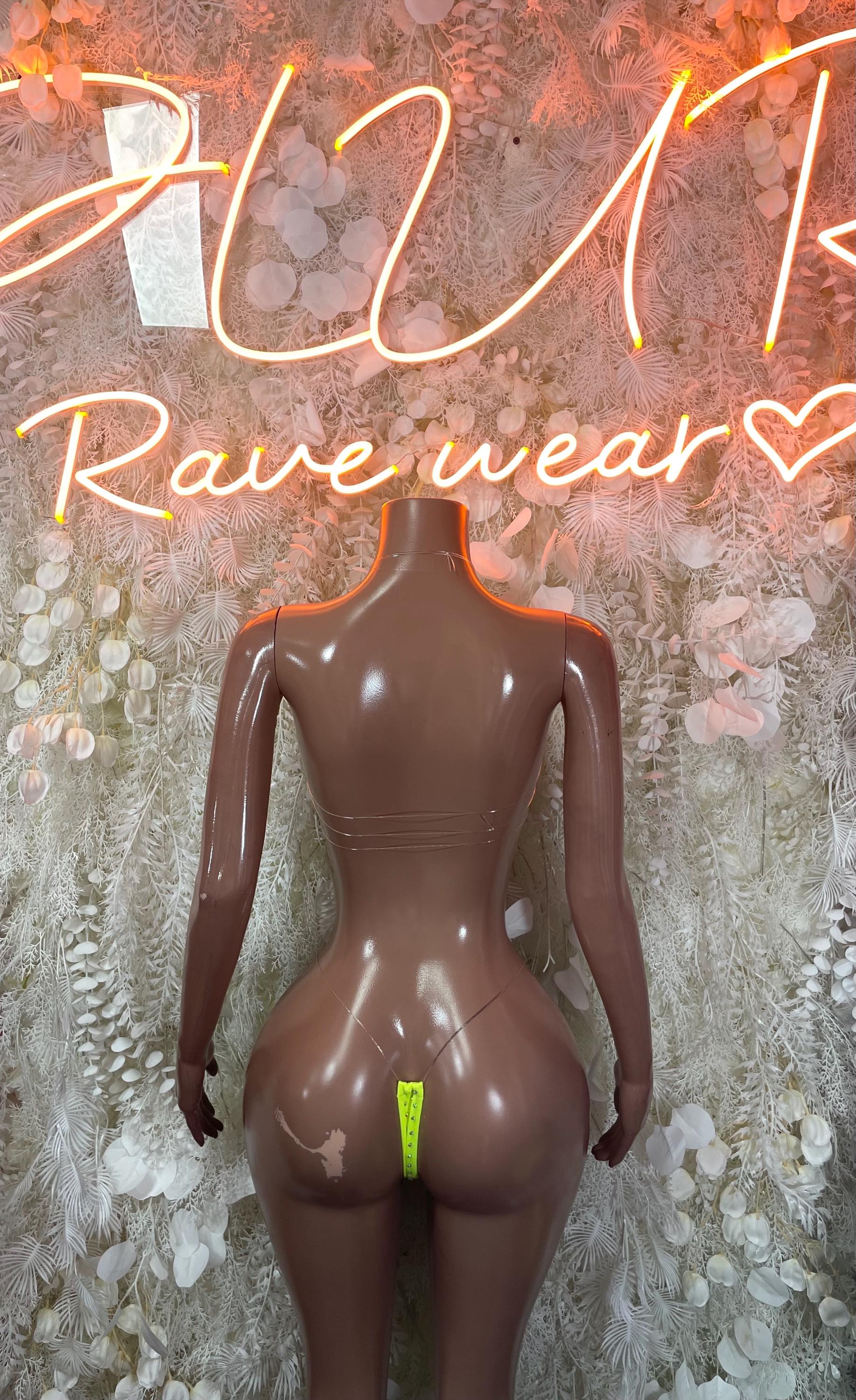 Neon green rhinestone bikini set on mannequin, V-front top and high-cut bottom