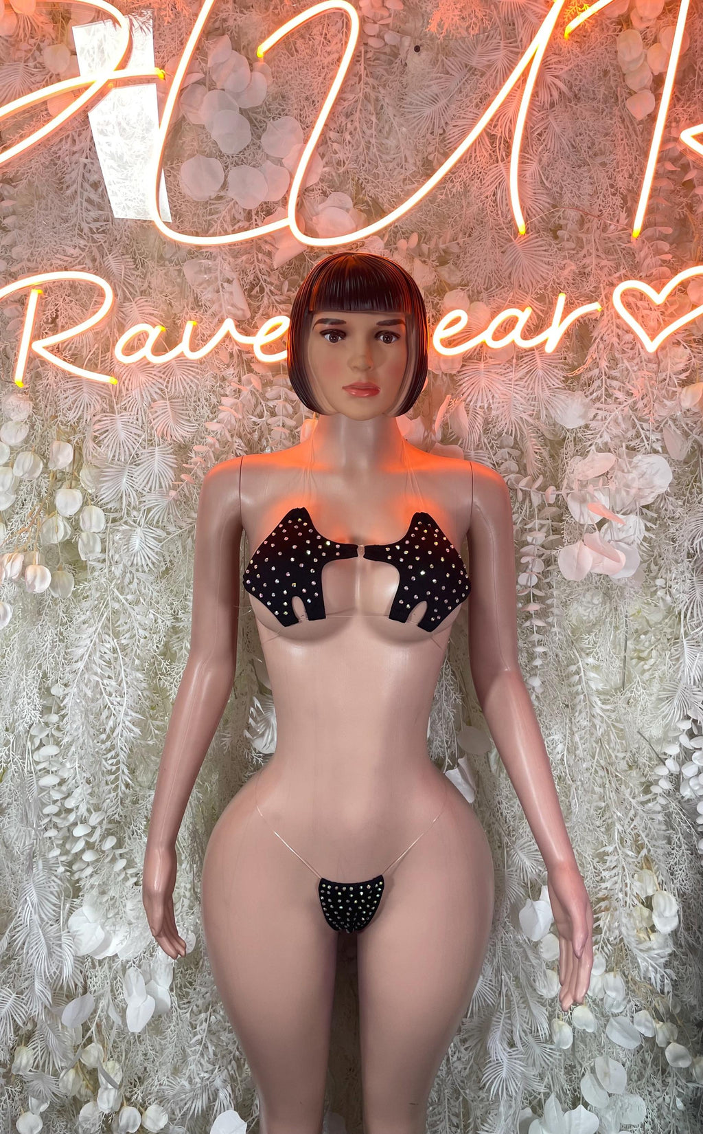 Rhinestone bikini set with black heart rhinestone accents, matching bra and bottoms