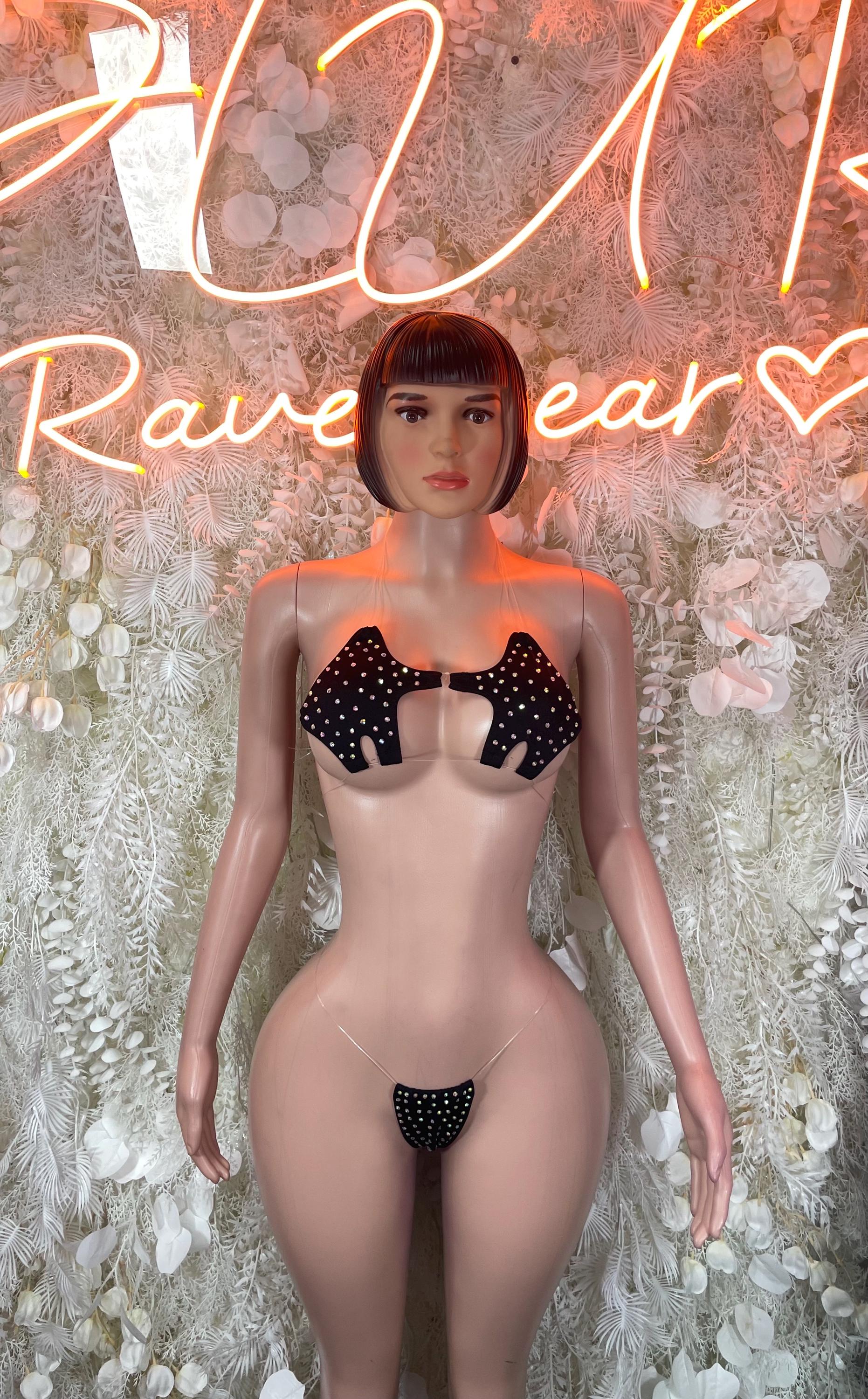 Rhinestone bikini set with black heart rhinestone accents, matching bra and bottoms